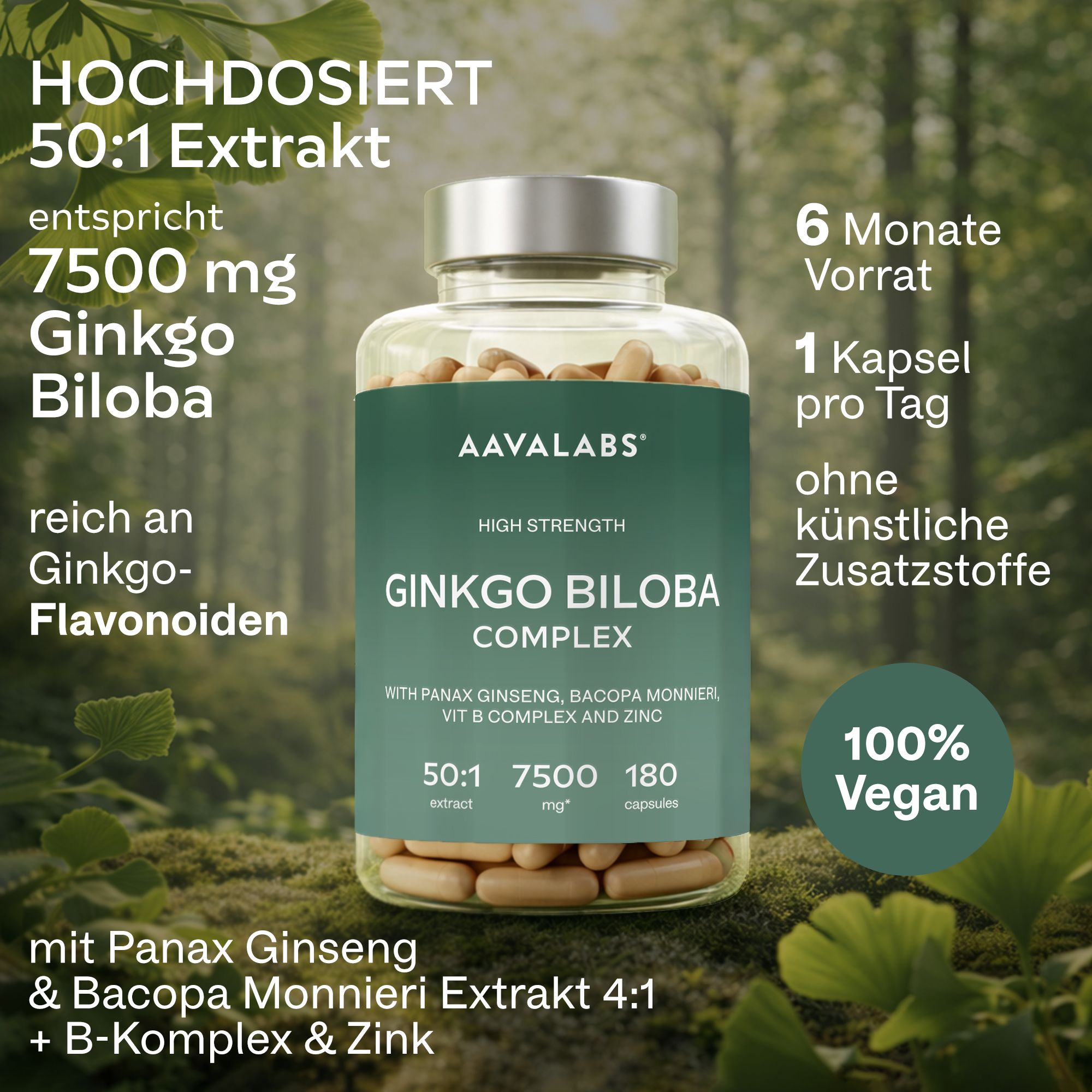 Flasche mit Kapseln vor Naturhintergrund. Aufschrift: Aavalabs Ginkgo Biloba Complex. 6 Monate Vorrat. Vegan.