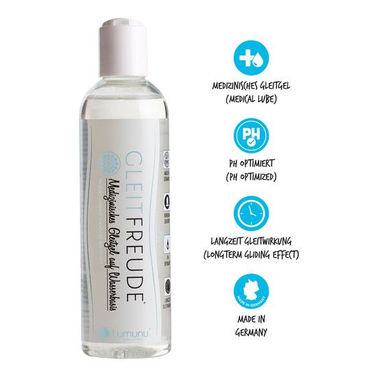 Eine Flasche Gleitgel mit weißem Deckel. Auf dem Etikett stehen Informationen wie "Medizinisches Gleitgel" und "pH optimiert".