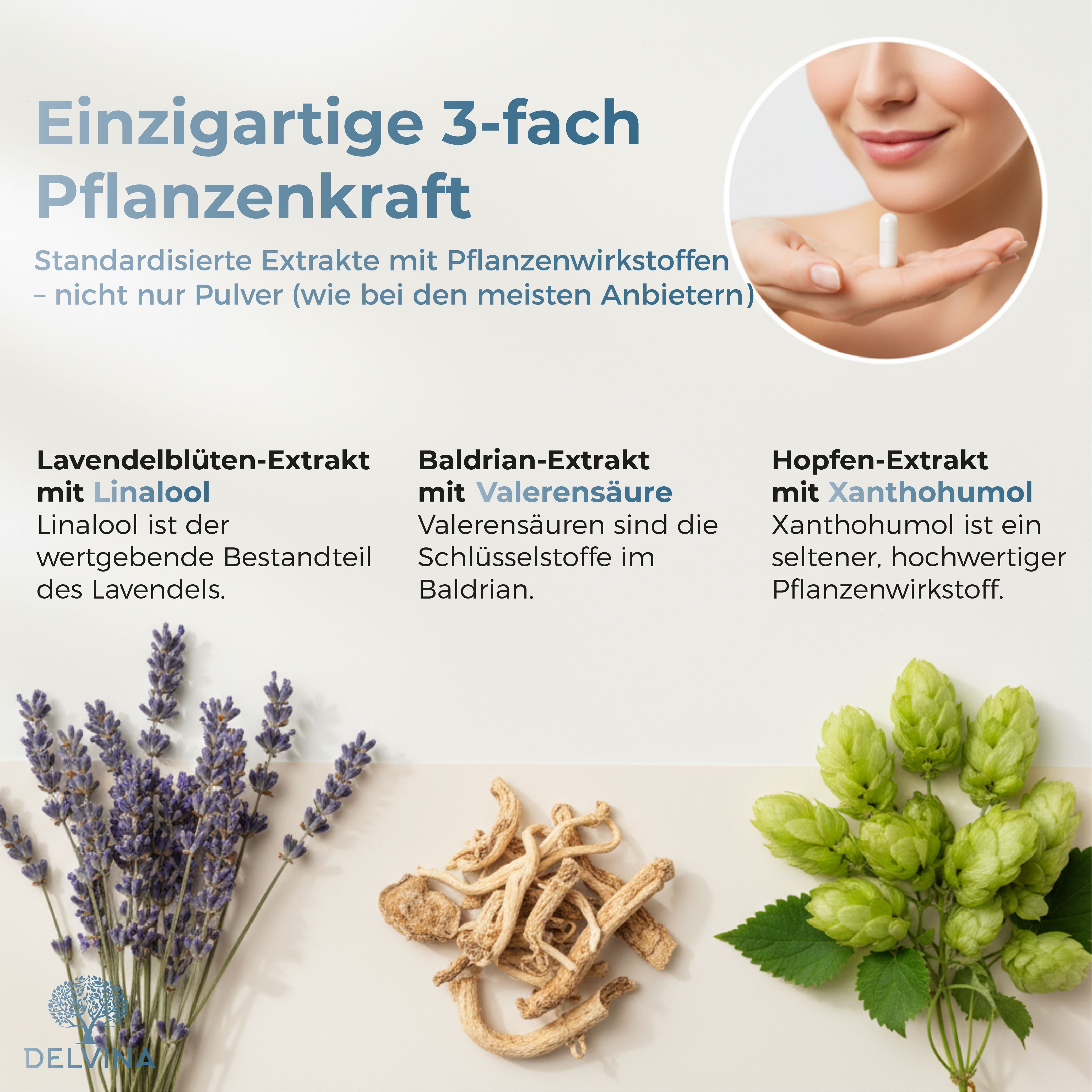 Delvina Tief Schlafkapseln mit Melatonin, Tryptophan, Valerensäure, Linalool & Xanthohumol