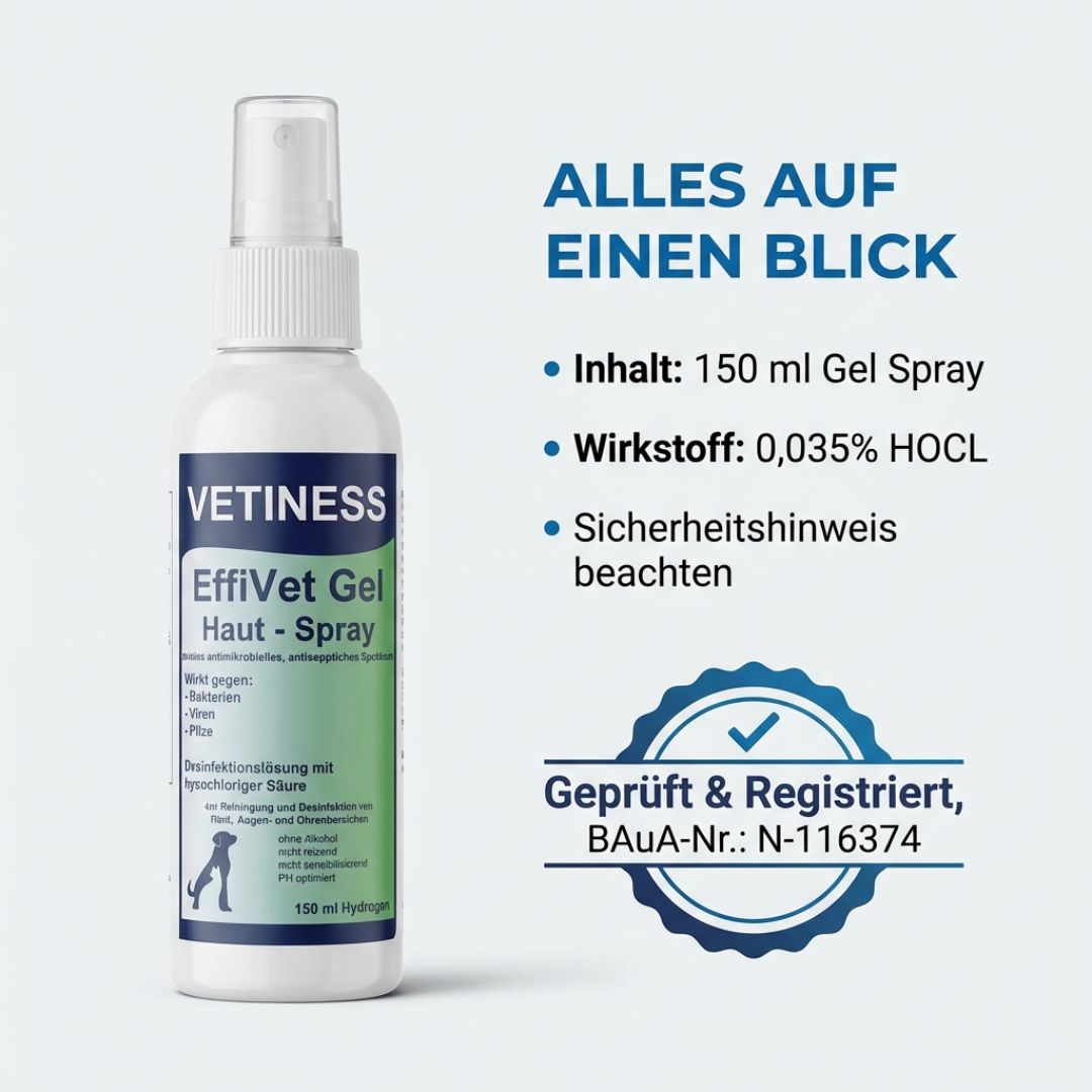 Weißes Sprayfläschchen mit grünem Etikett. Text: Vetiness EffiVet Gel Haut-Spray. Text: Inhalt: 150 ml. Geprüft & Registriert, BAuA-Nr.: N-116374.