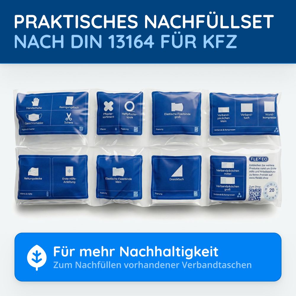 Nachfüllset für Verbandtasche nach DIN 13164. Enthält verschiedene Erste-Hilfe-Artikel in blauen Verpackungen. Nachhaltig.