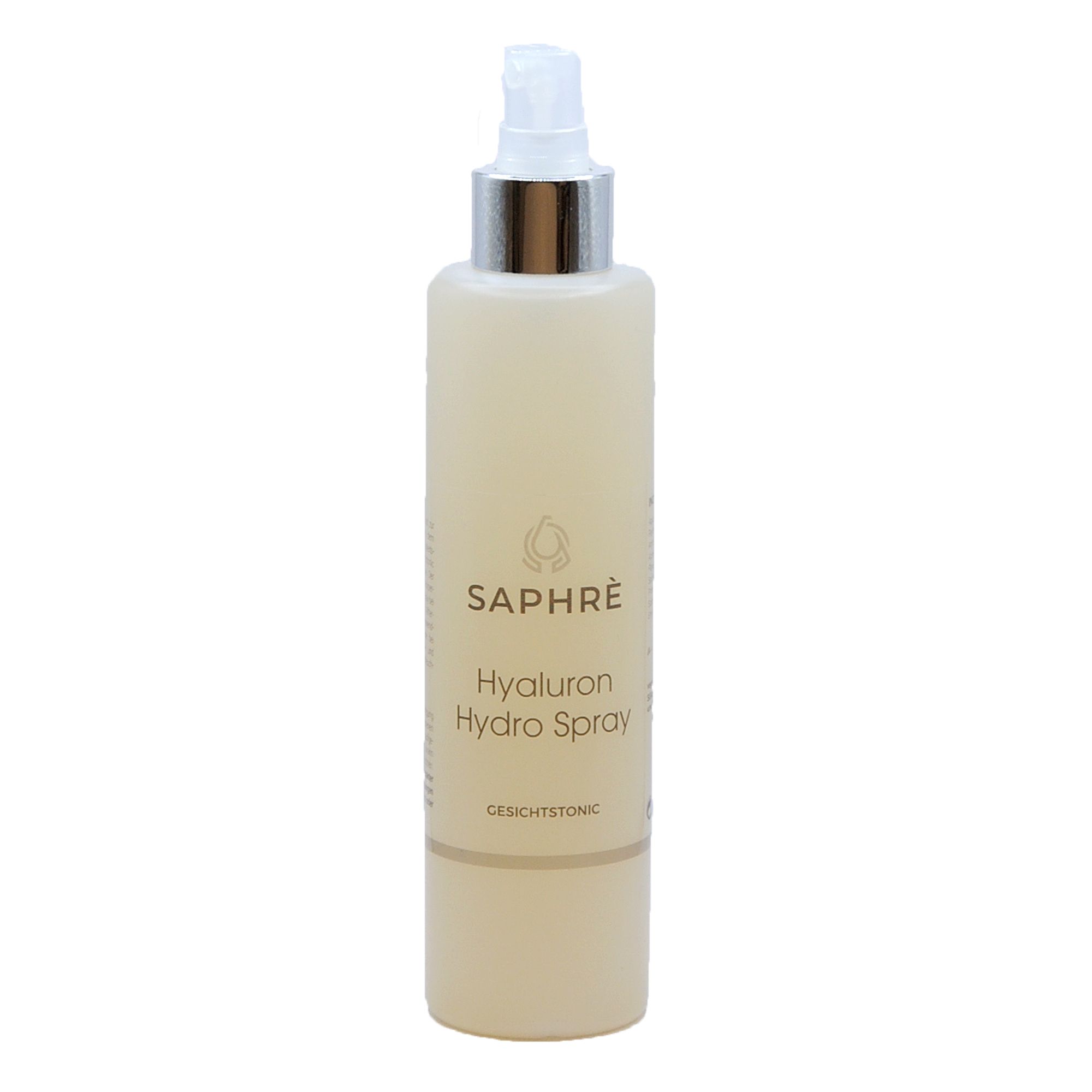 Sprühflasche mit silbernem Sprühkopf. Aufschrift: Saphre Hyaluron Hydro Spray. Unterteil mit Schriftzug Gesichtstonic.