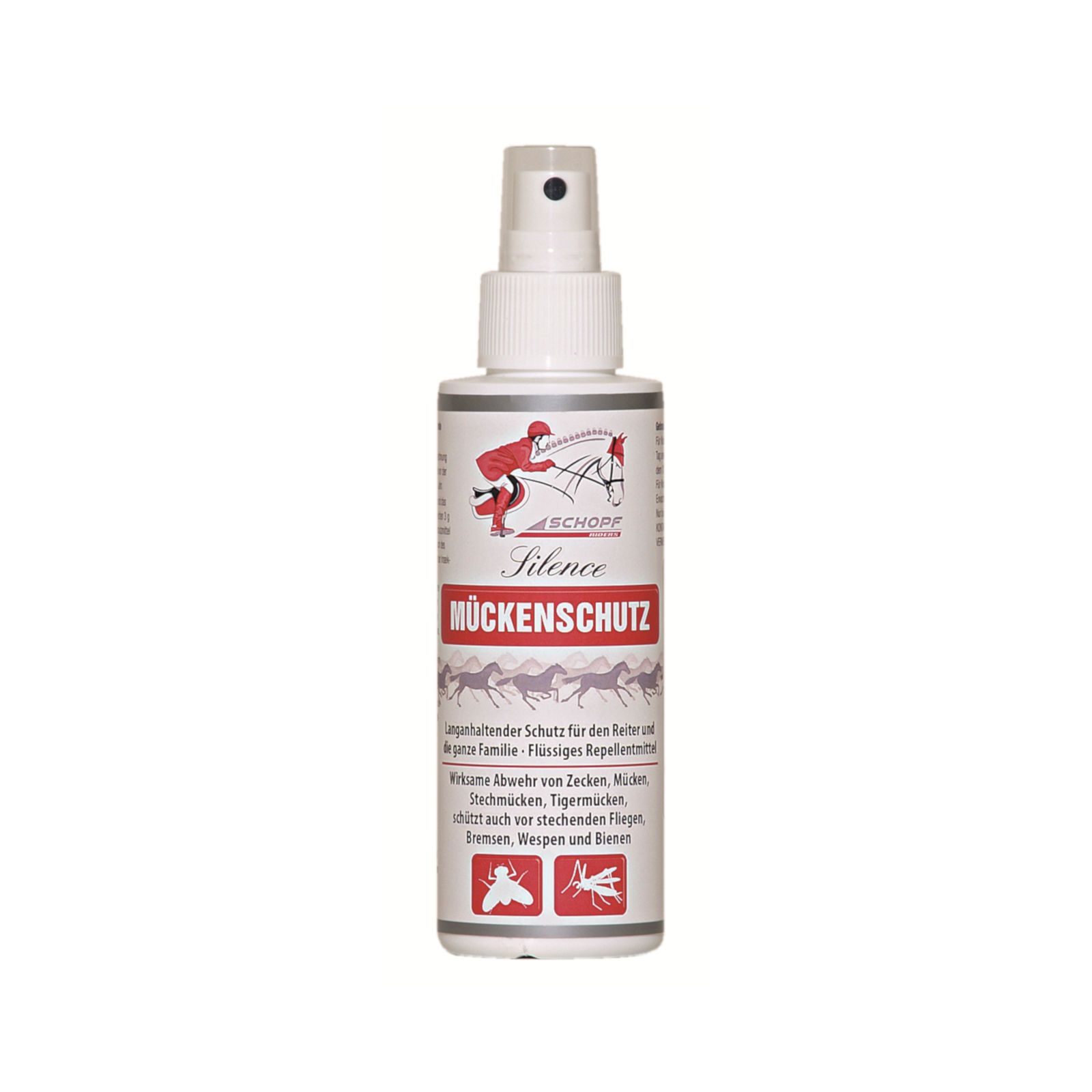 Weißes Spray mit roter Aufschrift. Enthält Text: Mückenschutz, ASCHORF. Abbildung eines Reiters auf einem Pferd.