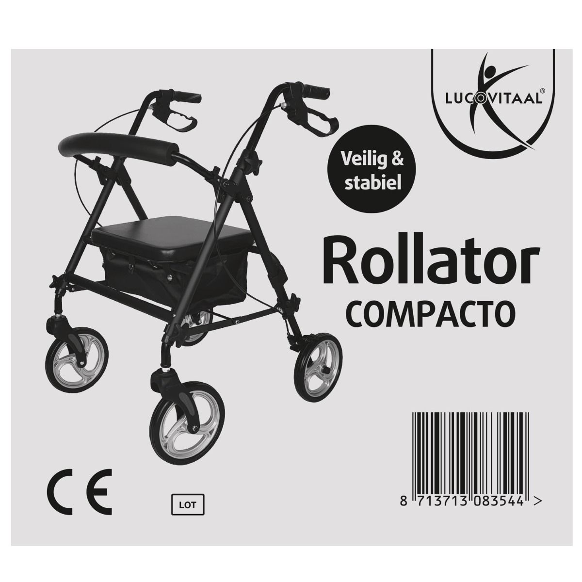 Rollator Compacto noir avec siège, panier et poignées. Marque CE. Logo Lucovitaal.
