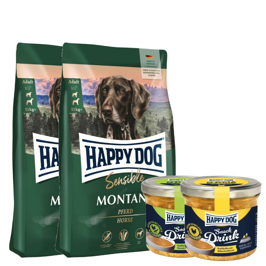 Happy Dog Supreme Montana + Happy Dog Snack Drink mit Hähnchenfleisch