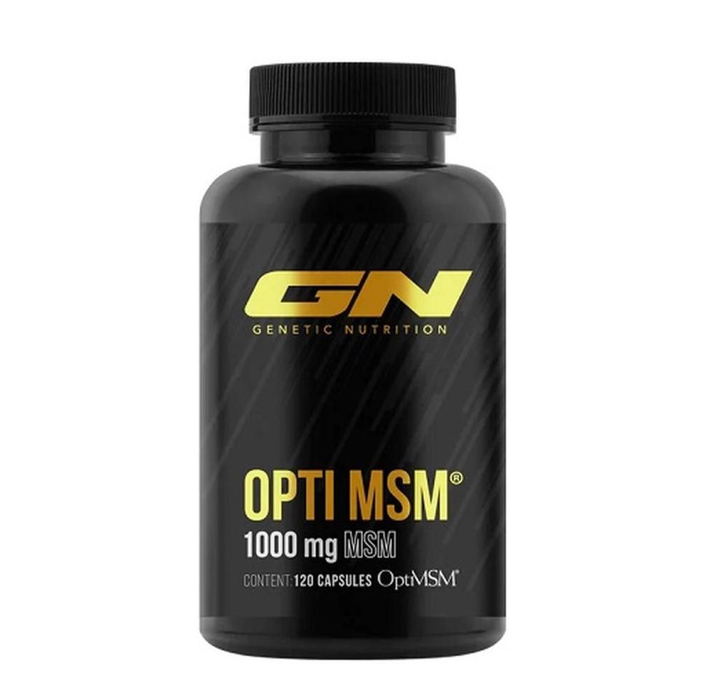 Schwarze Flasche mit schwarzem Deckel. Aufschrift: GN, OPTI MSM, 1000 mg MSM, 120 Kapseln. Goldfarbene Schrift.
