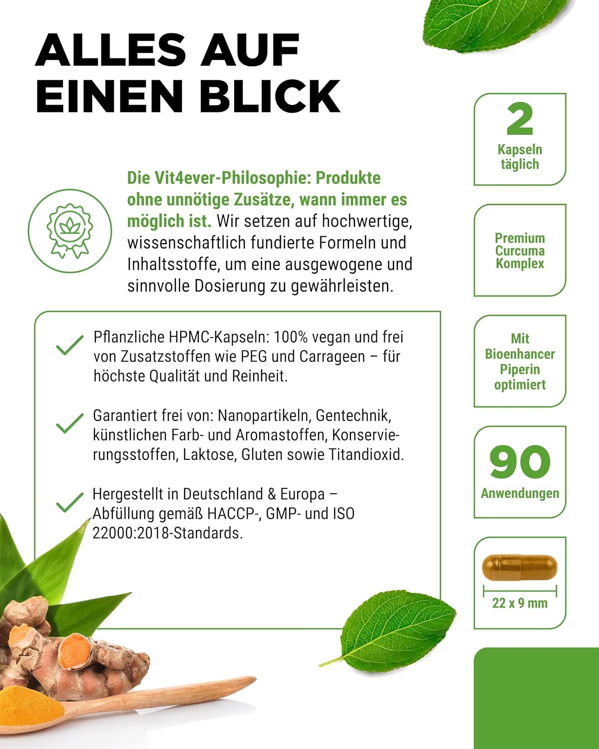 Vit4ever Curcuma Extrakt Kapsel (22x9mm) und Produktinformationen. Vegan, glutenfrei.