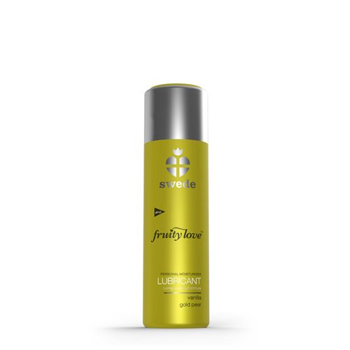 Gelbe Flasche mit silbernem Deckel. Aufschrift: Swede, fruity love, Lubricant, Vanille Gold Pear.