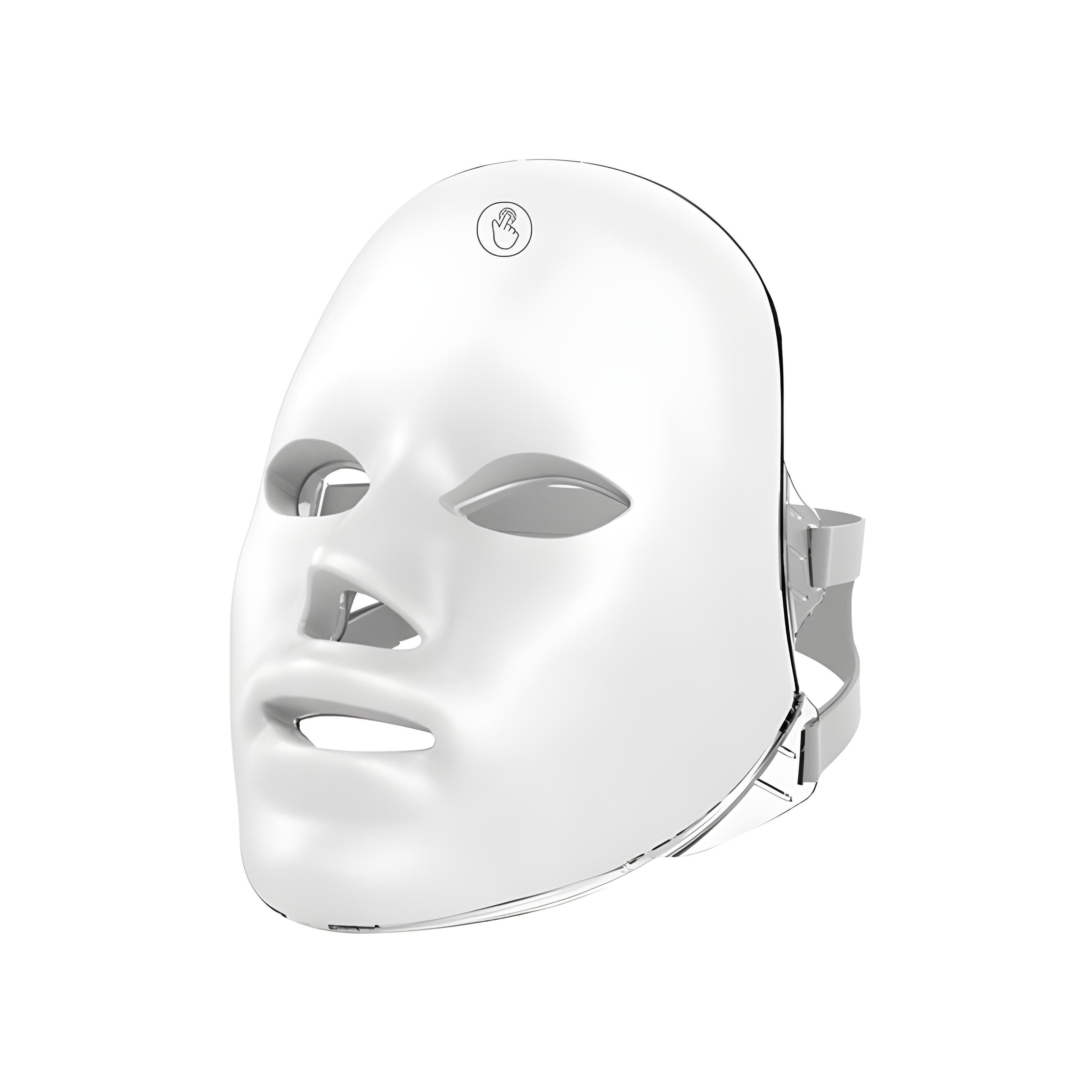 Weiße LED-Lichttherapie-Maske mit verstellbaren Riemen und einem Logo oben.