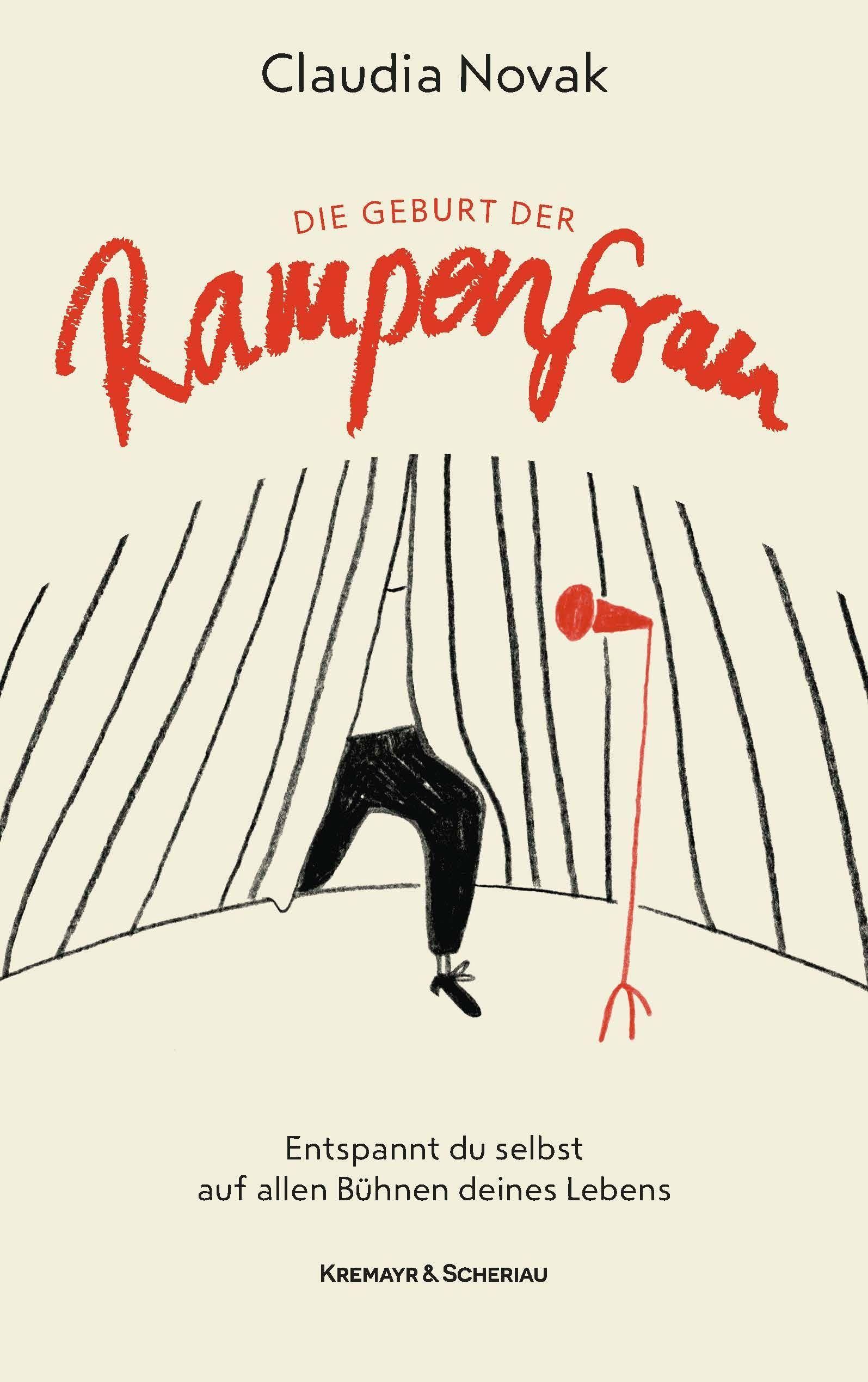 Buchcover mit Titel "Die Geburt der Rampenfrau". Illustration einer Person hinter Vorhang, Mikrofon.