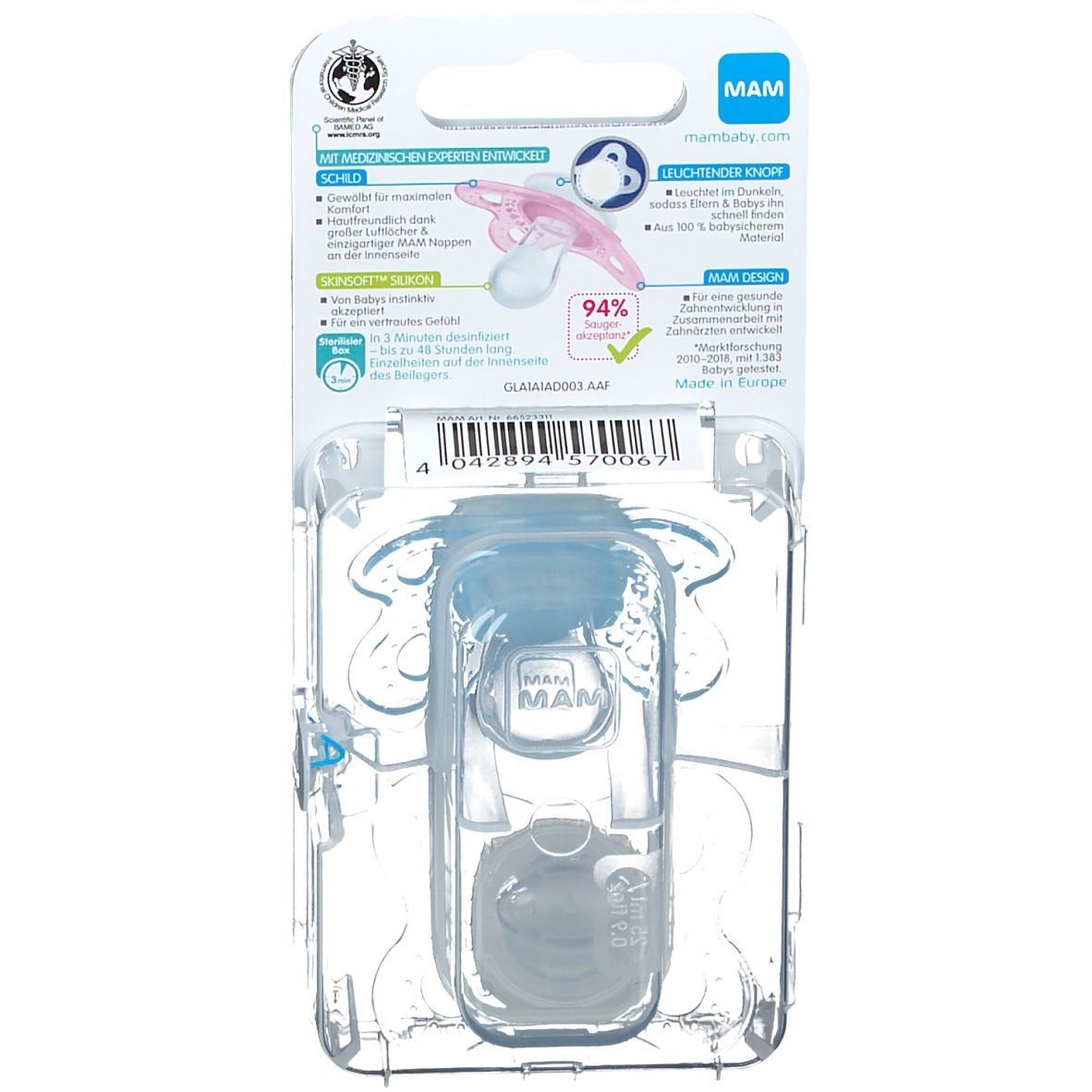 MAM Schnuller in Blisterverpackung. Silikon, blau. Mit MAM-Logo und Produktinformationen. Geeignet für 0-6 Monate.