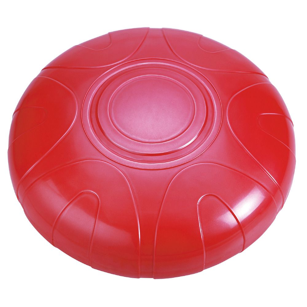 Rotes Balance-Kissen. Runde Form mit erhabenen Mustern. Zentraler, erhöhter Kreis. Oberfläche mit Rillen strukturiert.