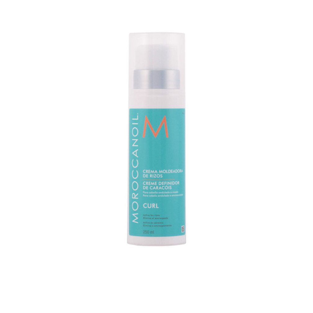 Weiß-türkise Flasche mit Pumpe. Text: Moroccanoil, Creme Modelage de Boucles, Curl. 250 ml.