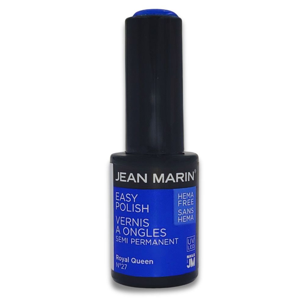 Blau lackierte Nagellackflasche. Schwarzer Deckel. Aufschrift: JEAN MARIN, EASY POLISH, VERNIS A ONGLES, SEMI PERMANENT, HEMA FREE.