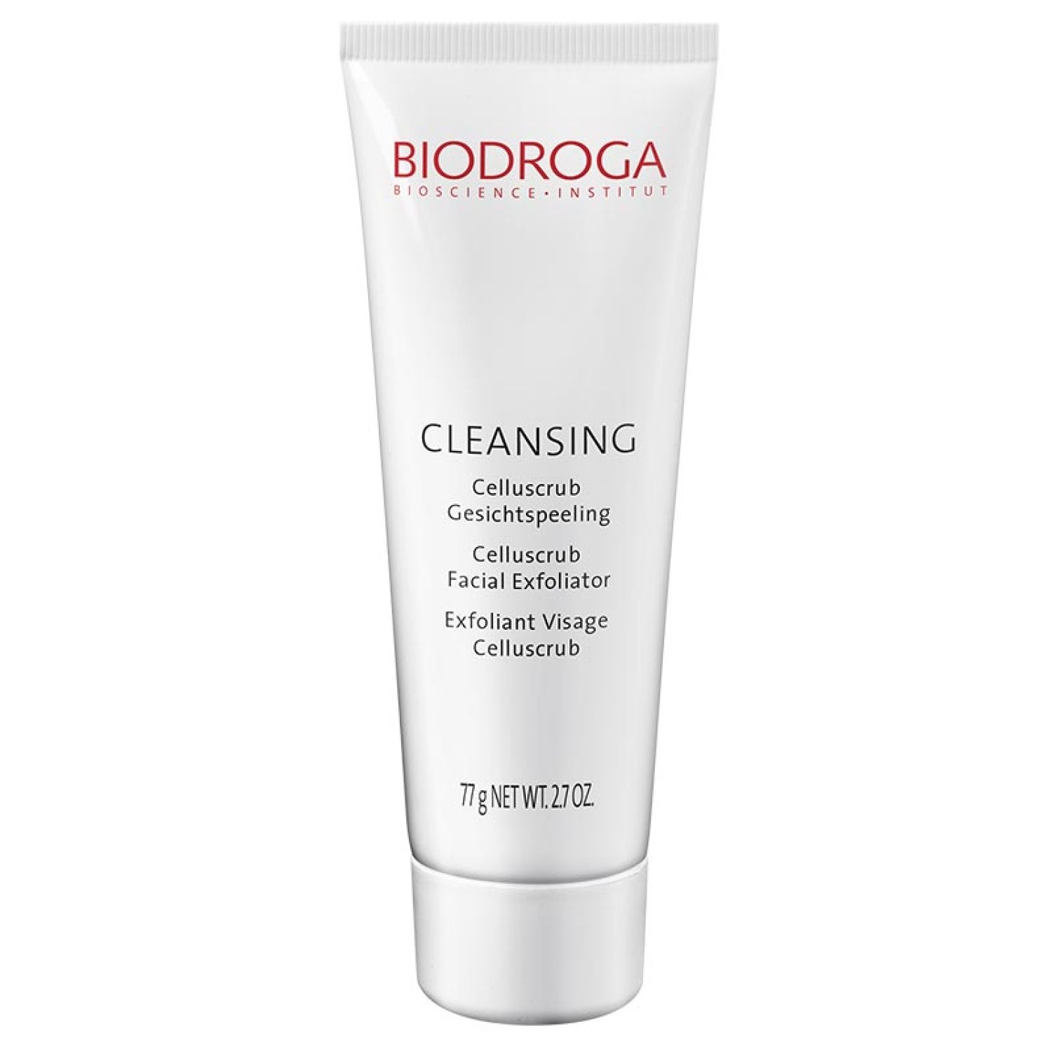 Weiße Tube mit rotem Logo und Produktbezeichnung. Text: Celluscrub Gesichtspeeling, Facial Exfoliator. Gewicht: 77g.
