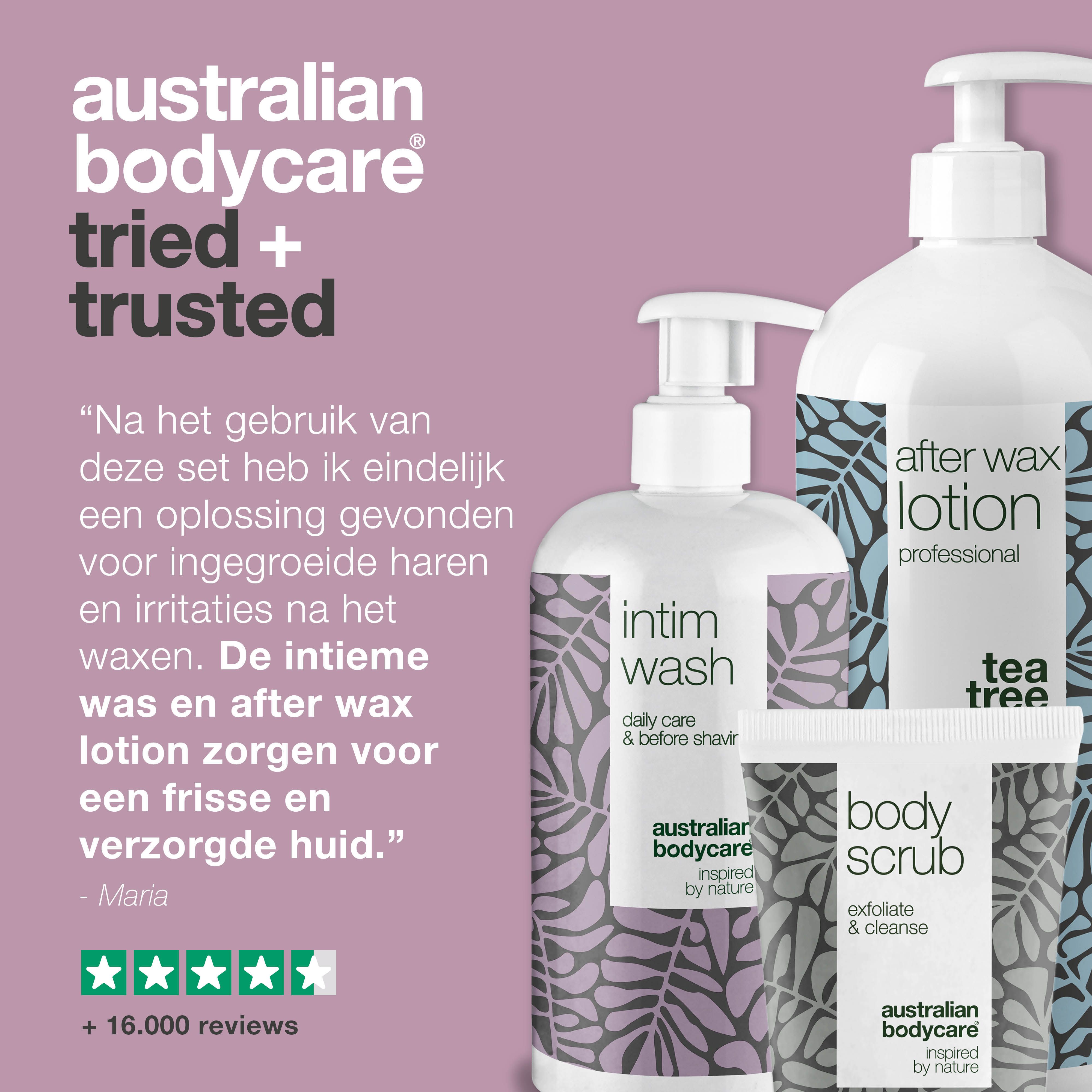 Drie producten: Intim Wash, After Wax Lotion, Body Scrub. Tekst: Australian Bodycare. Tekst: Getest en vertrouwd.