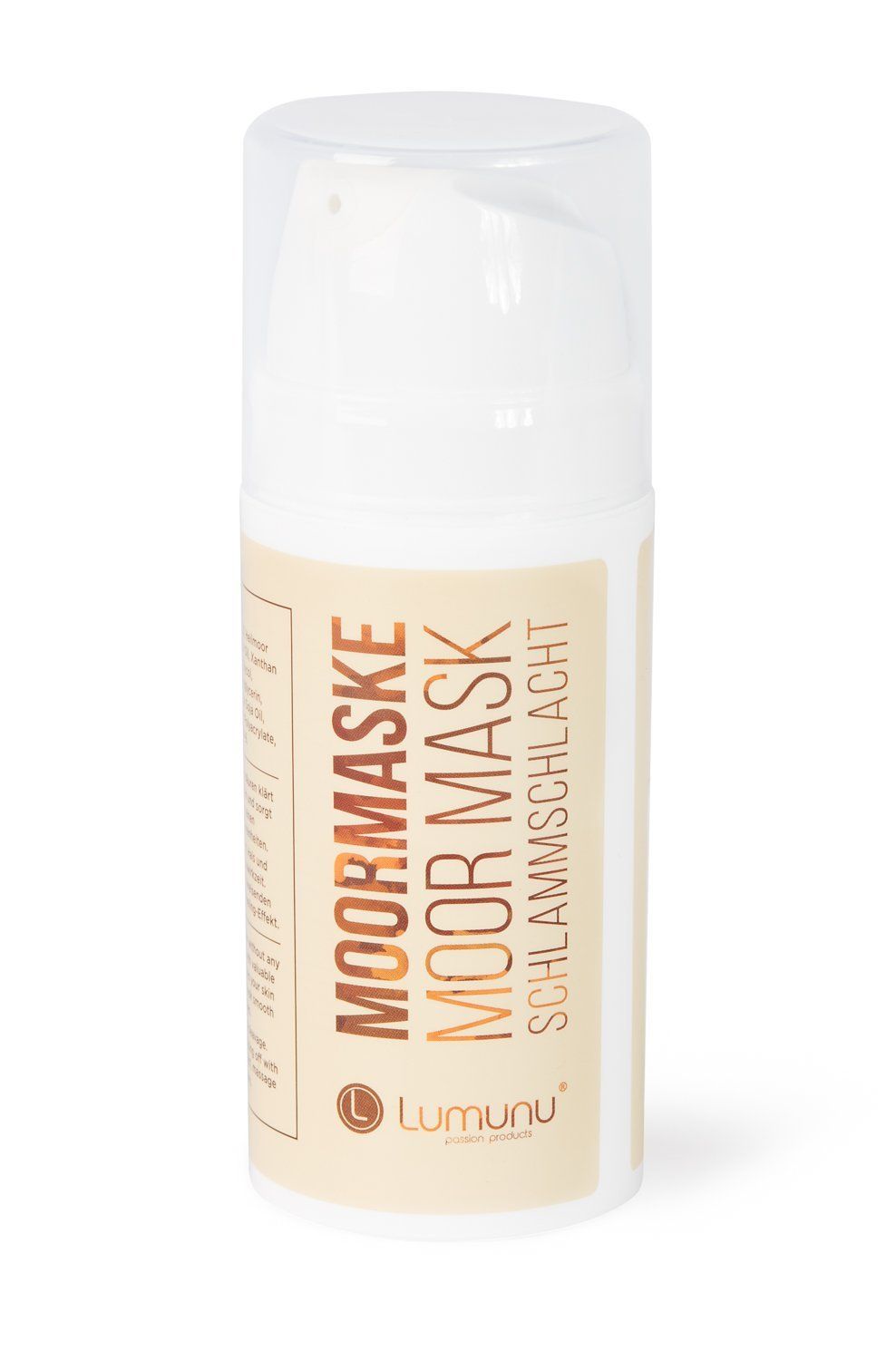 Weiße Pumpflasche mit braunem Etikett. Beschriftung: MOORMASKE, MOOR MASK, SCHLAMMSCHLACHT. Logo: Lumunu.