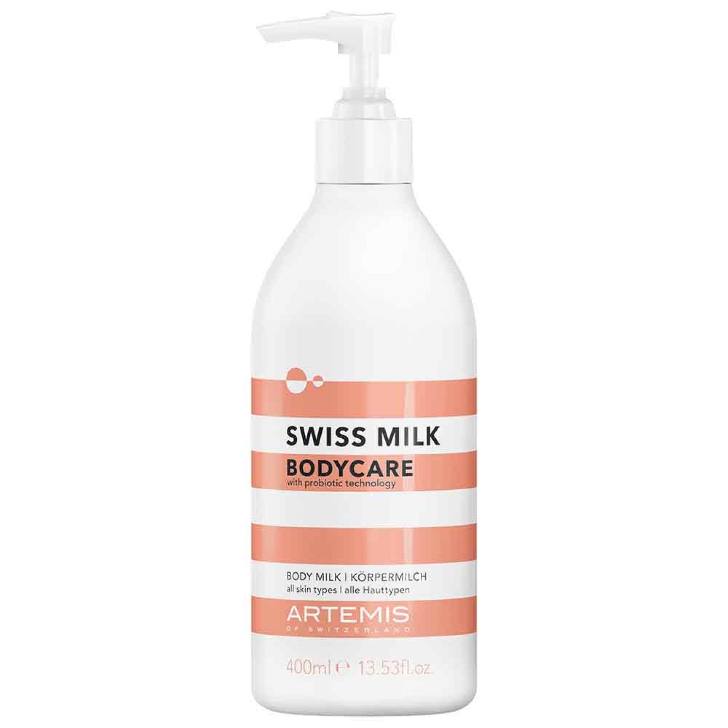 Weiße Flasche mit Pumpe. Aufschrift: Swiss Milk Bodycare. Streifen in Lachsfarben. Text: Body Milk, alle Hauttypen. Marke: Artemis.