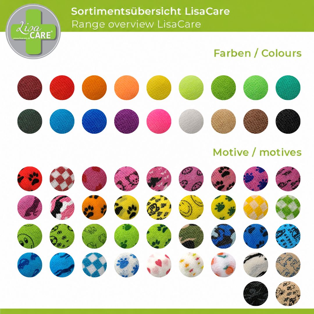 Übersicht der LisaCare Farben und Motive: Viele einfarbige und gemusterte Bandagen zur Auswahl.