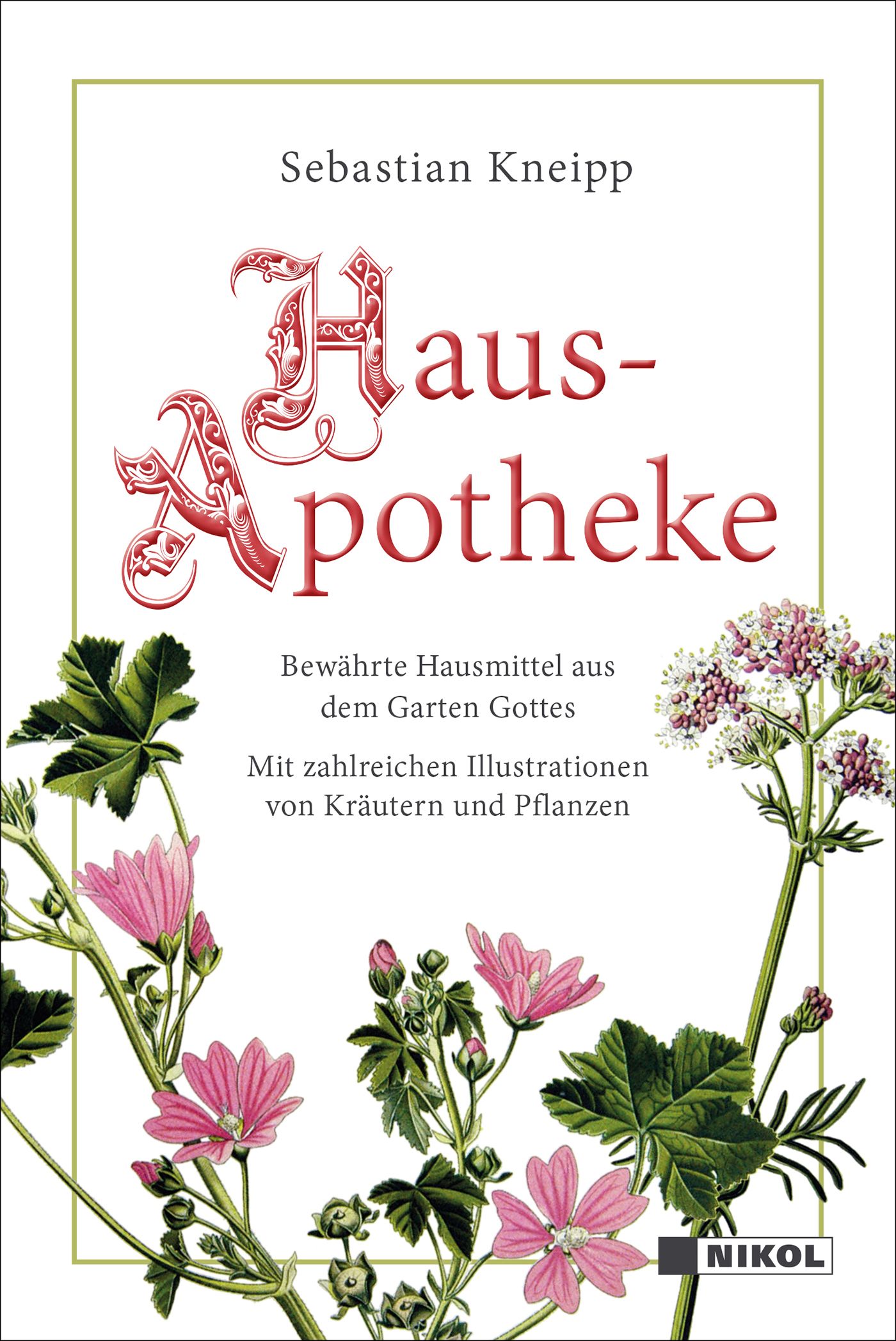 Buchcover: Hausapotheke, Sebastian Kneipp. Titel in rot, Illustrationen von Kräutern und Pflanzen. Verlag: Nikol.