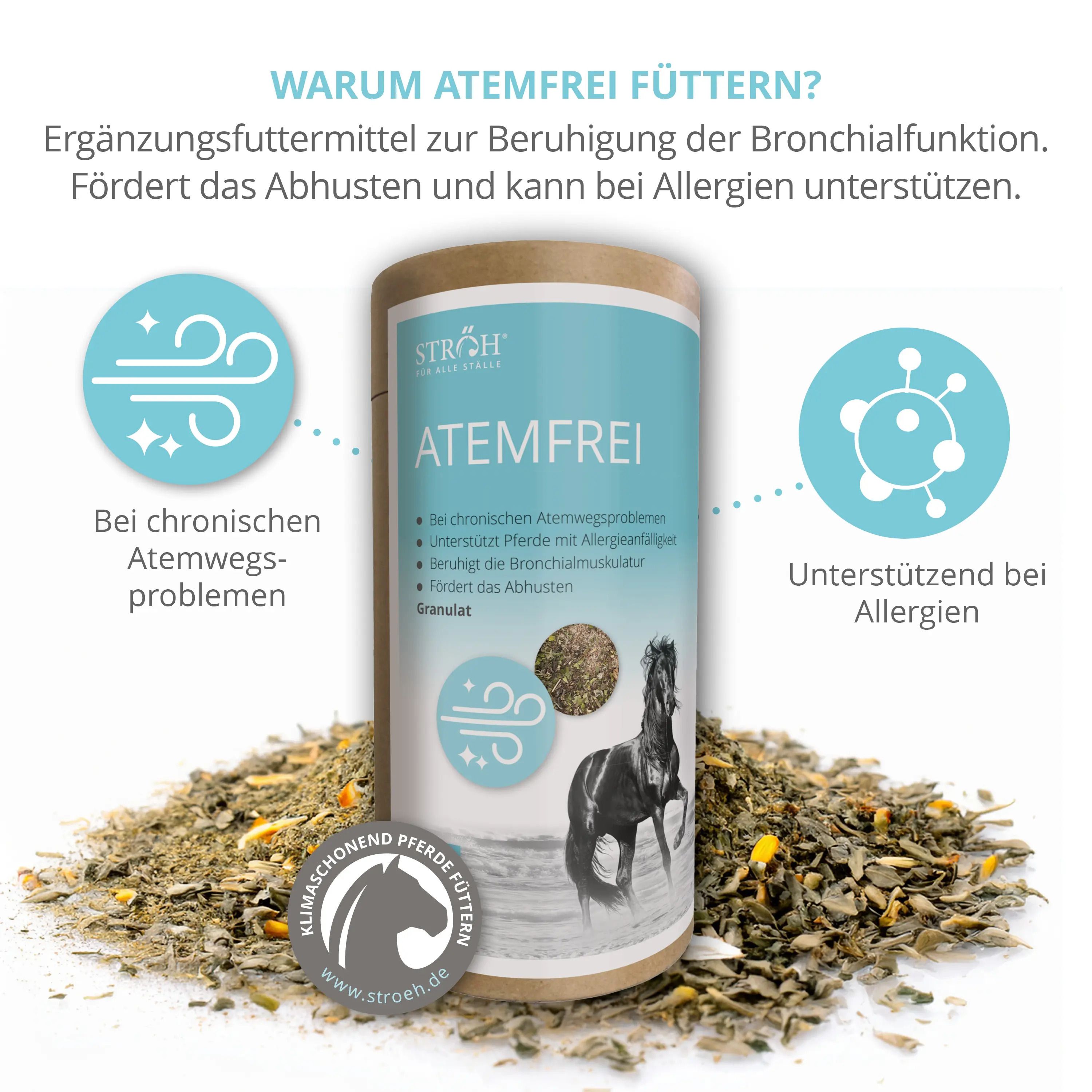 Zylindrische Dose mit blau-weißem Etikett. Aufschrift: ATEMFREI. Granulat auf Haufen. Logo: Pferd. Text: Bei chronischen Atemwegsproblemen.
