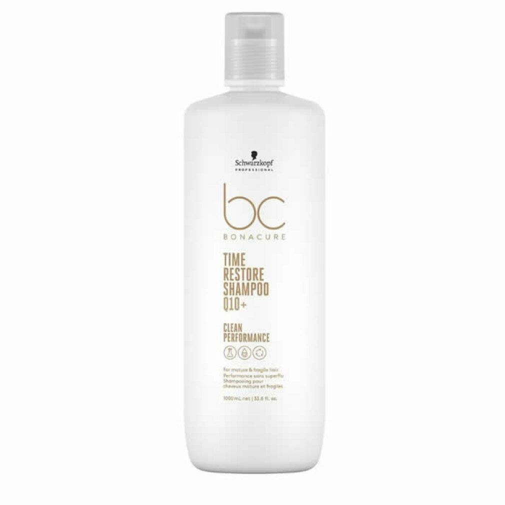 Weisse Shampoo-Flasche mit Aufschrift Schwarzkopf BC Bonacure Time Restore Q10+. Mit Klappverschluss.