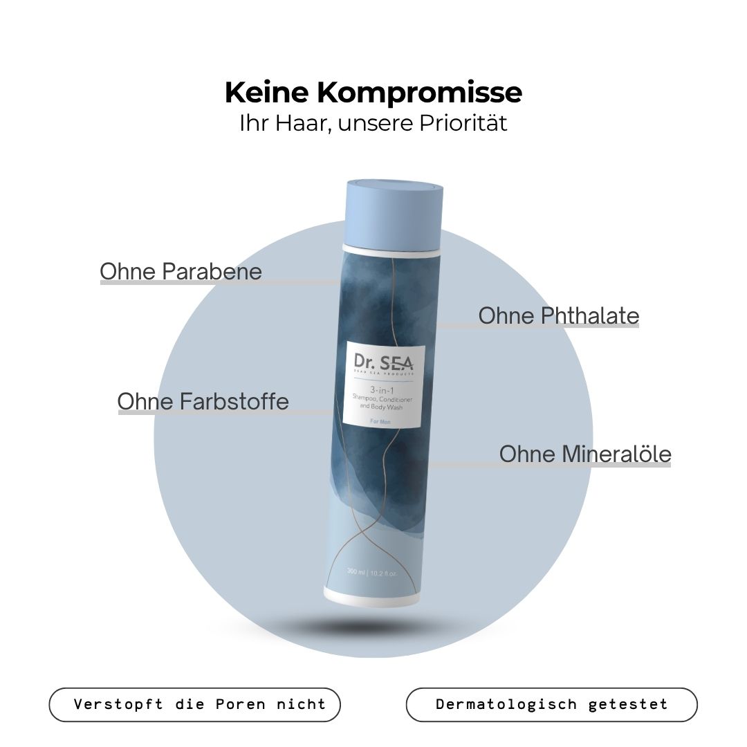 DR. SEA 3-in-1 Duschgel & Shampoo für Männer. Ohne Parabene, Phthalate, Farbstoffe und Mineralöle. Dermatologisch getestet.