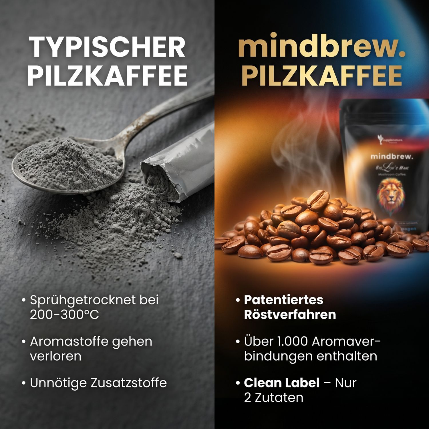 Vergleich von typischem Pilzkaffee-Pulver und Mindbrew Pilzkaffee-Bohnen. Fokus auf Röstverfahren und Inhaltsstoffe.