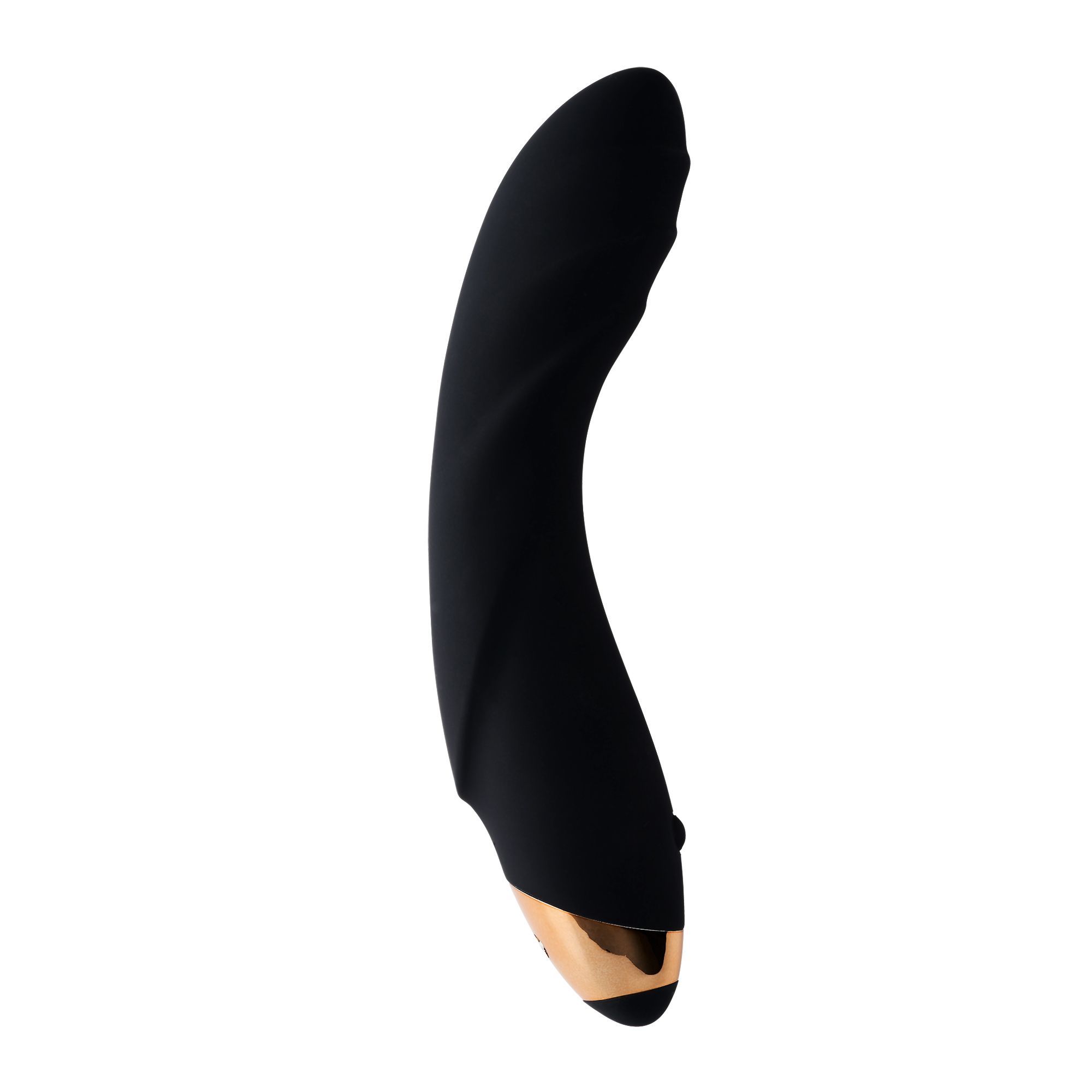 Schwarzer, gebogener G-Punkt-Vibrator mit goldfarbenem Ende. Glatte, ergonomische Form.