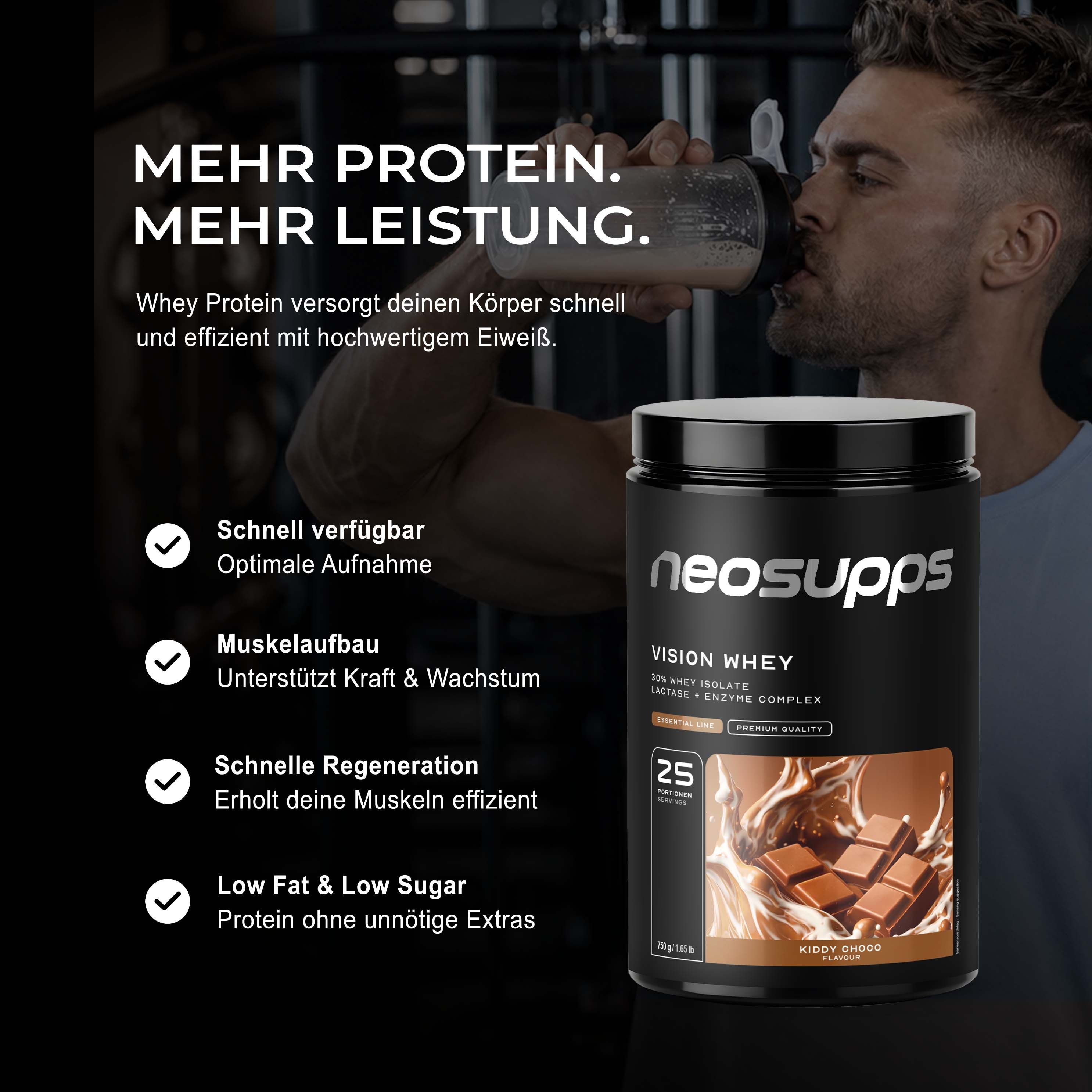 Mann trinkt Proteinshake. Neosupps Vision Whey Protein Kiddy Choco: Mehr Protein, mehr Leistung, schnelle Regeneration.
