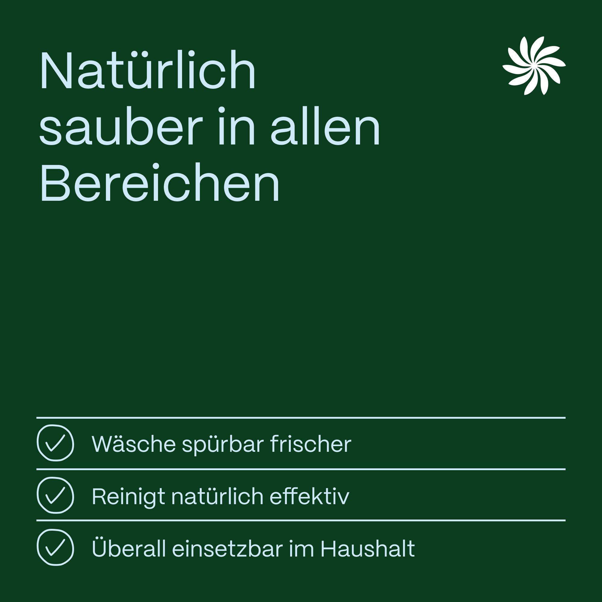 Text auf grünem Hintergrund: Natürlich sauber in allen Bereichen. 3 Checkboxen.