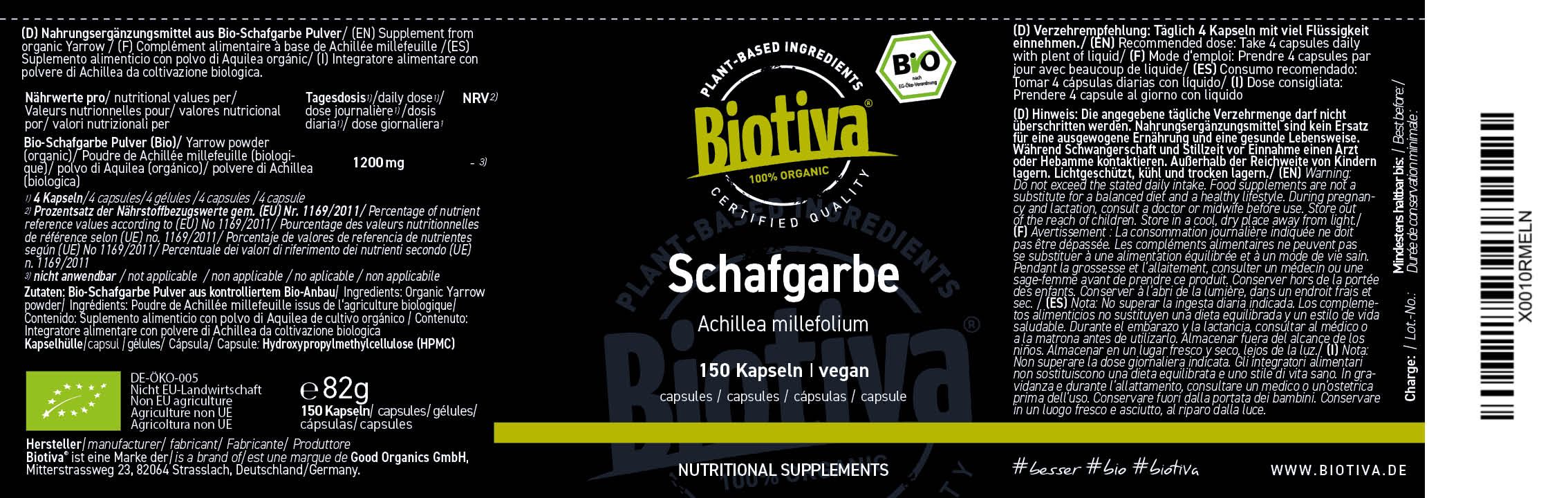 Etikett mit Text: Biotiva Schafgarbe, 150 Kapseln, vegan. Bio-Siegel, EU-Bio-Logo, Barcode.