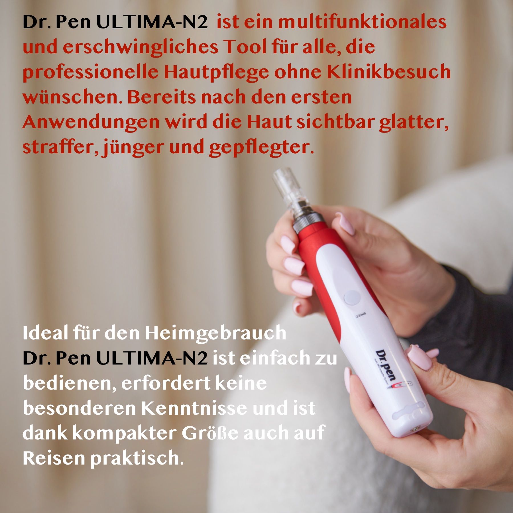 Person hält das Gerät. Text: Multifunktionales Tool für Hautpflege. Kompakte Größe.