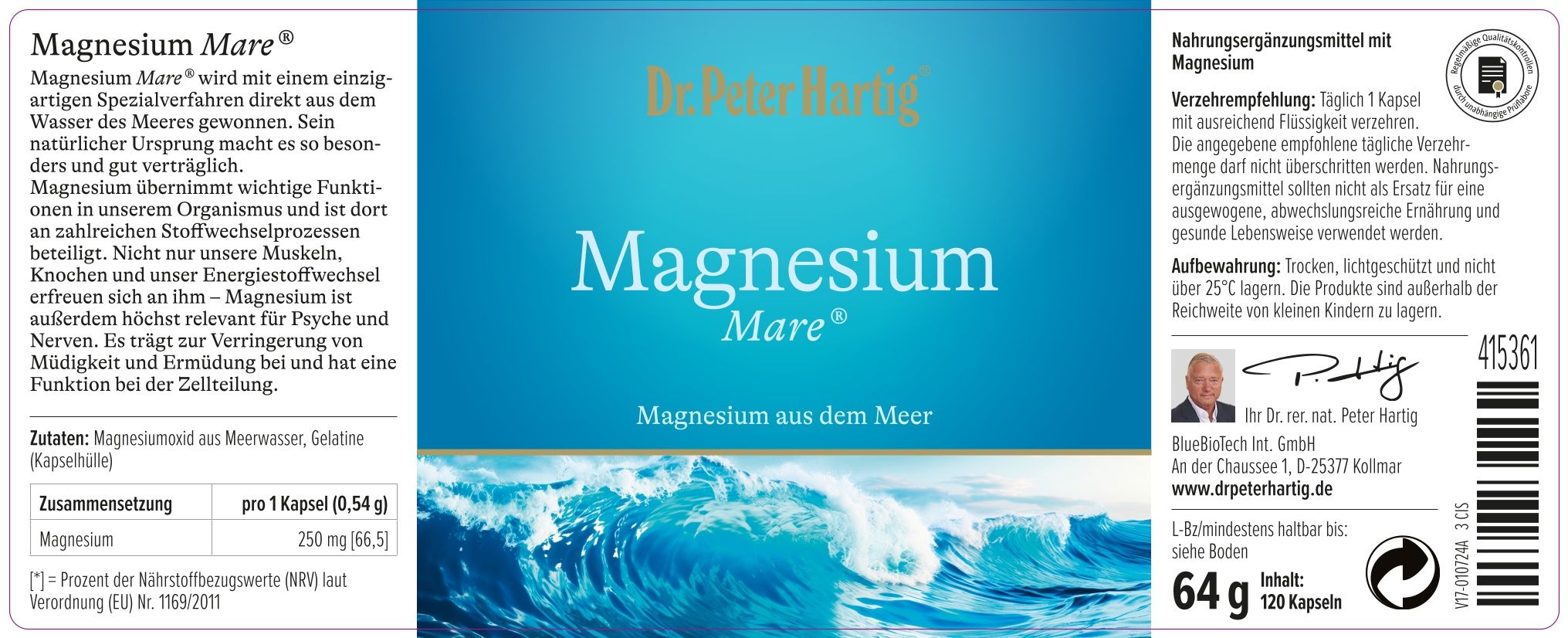 Braune Flasche Magnesium Mare, schwebend über Muscheln und einem Seestern. Blauer Hintergrund.