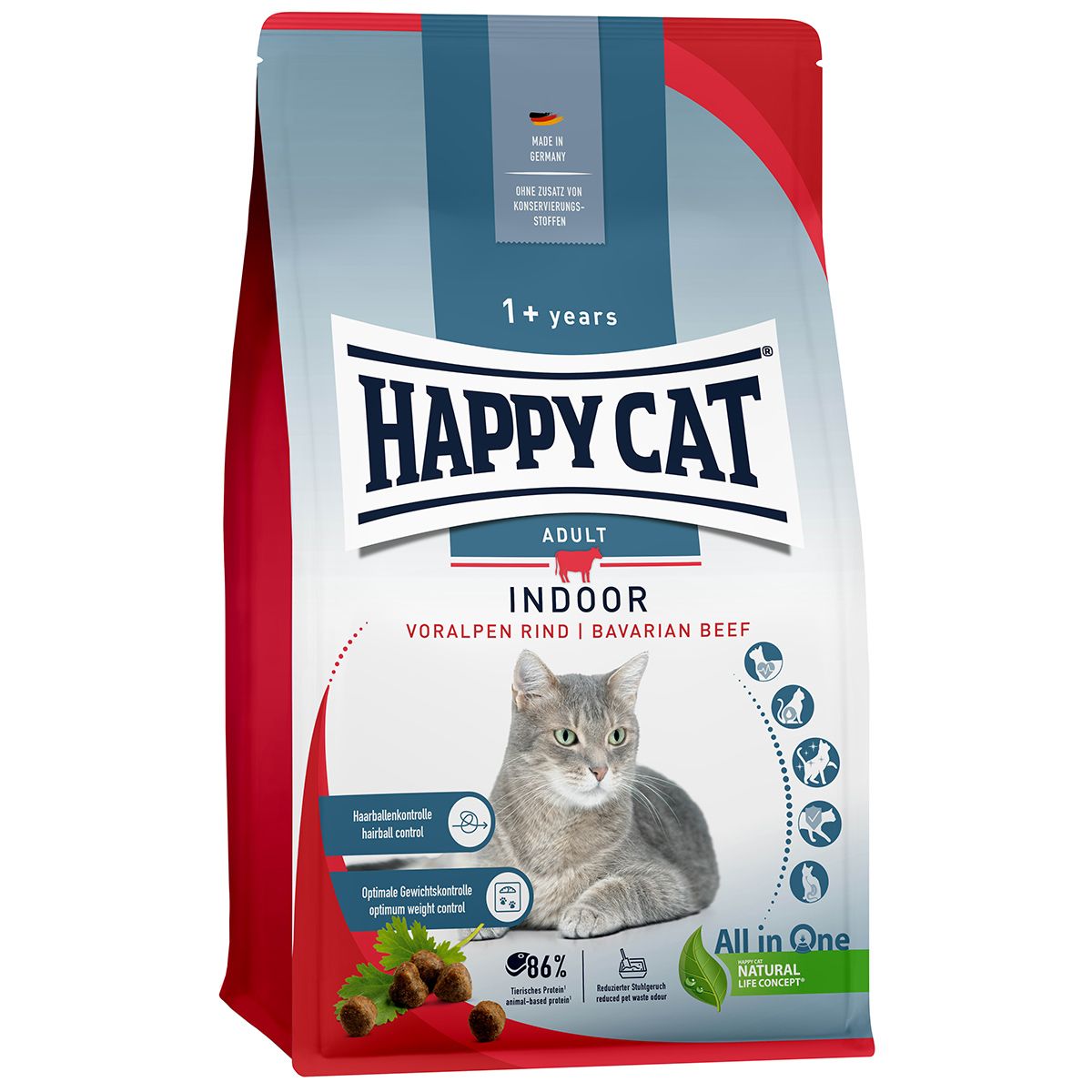 Happy Cat Adult Indoor Voralpen Rind Trockenfutter-Packung mit Katze und Produktinformationen.