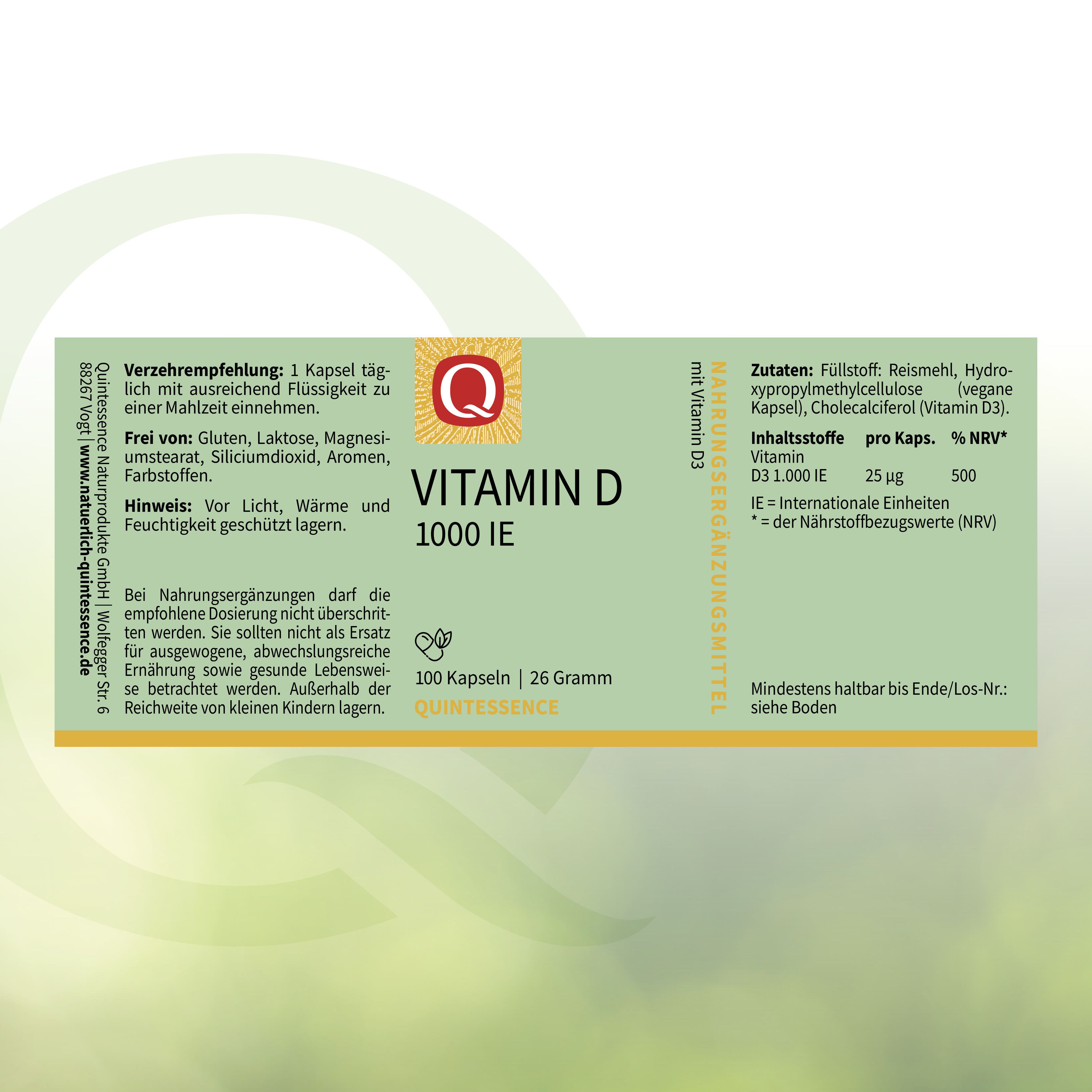 Produktetikett mit Text: Vitamin D 1000 IE, 100 Kapseln. Marke Quintessence.