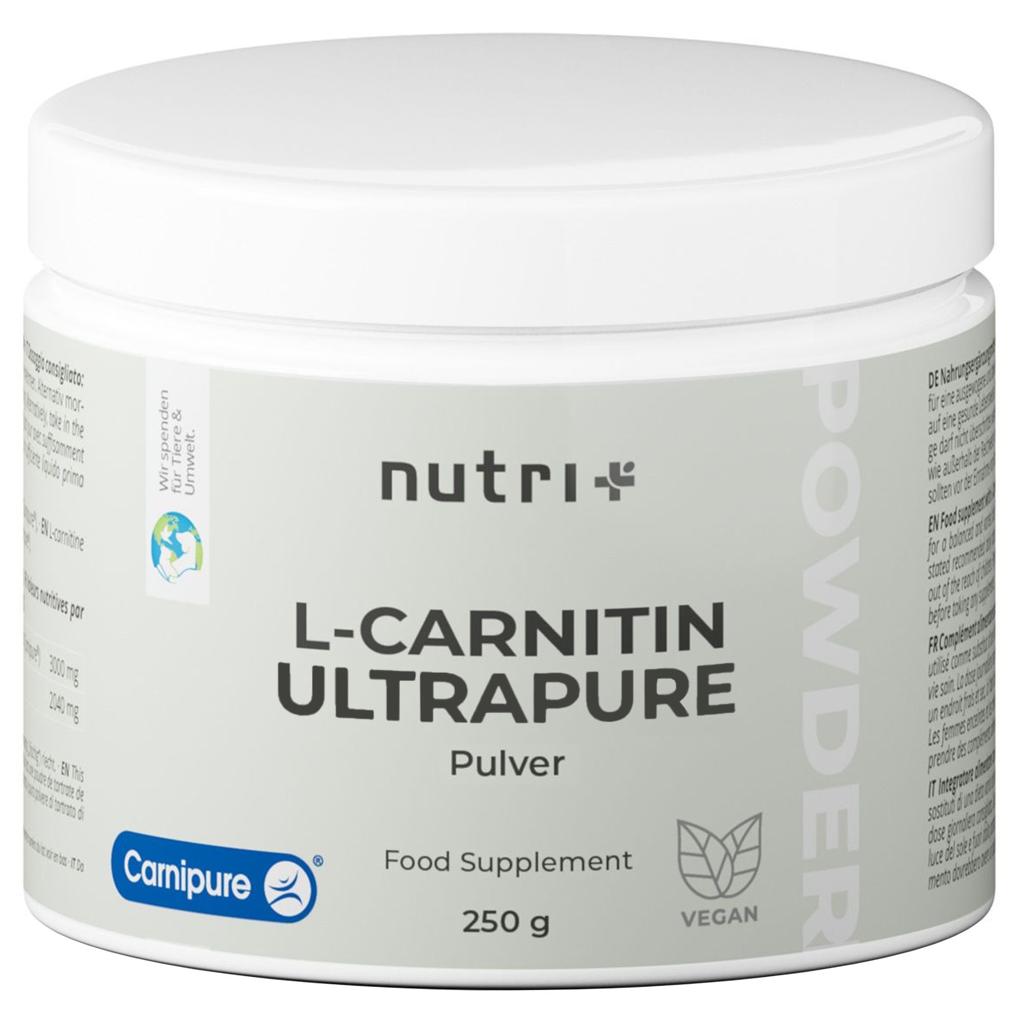 Weißes Supplement-Pulver in Dose. Aufschrift: L-Carnitin Ultrapure, Pulver, 250 g, vegan. Logo: Nutri+ und Camipure.
