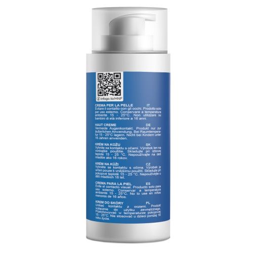 Rückseite der Creme-Spenderflasche. Mehrsprachige Textabschnitte. QR-Code und Text: CREMA PER LA PELLE, HAUT CREME, KRÉM NA KOŽU.