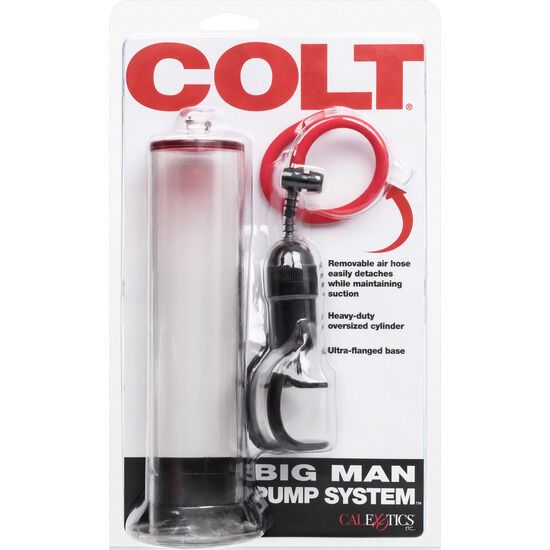 Verpackung mit Pumpe, rotem Schlauch und schwarzem Griff. Produktname COLT BIG MAN PUMP SYSTEM. Text: abnehmbarer Luftschlauch, übergroßer Zylinder.