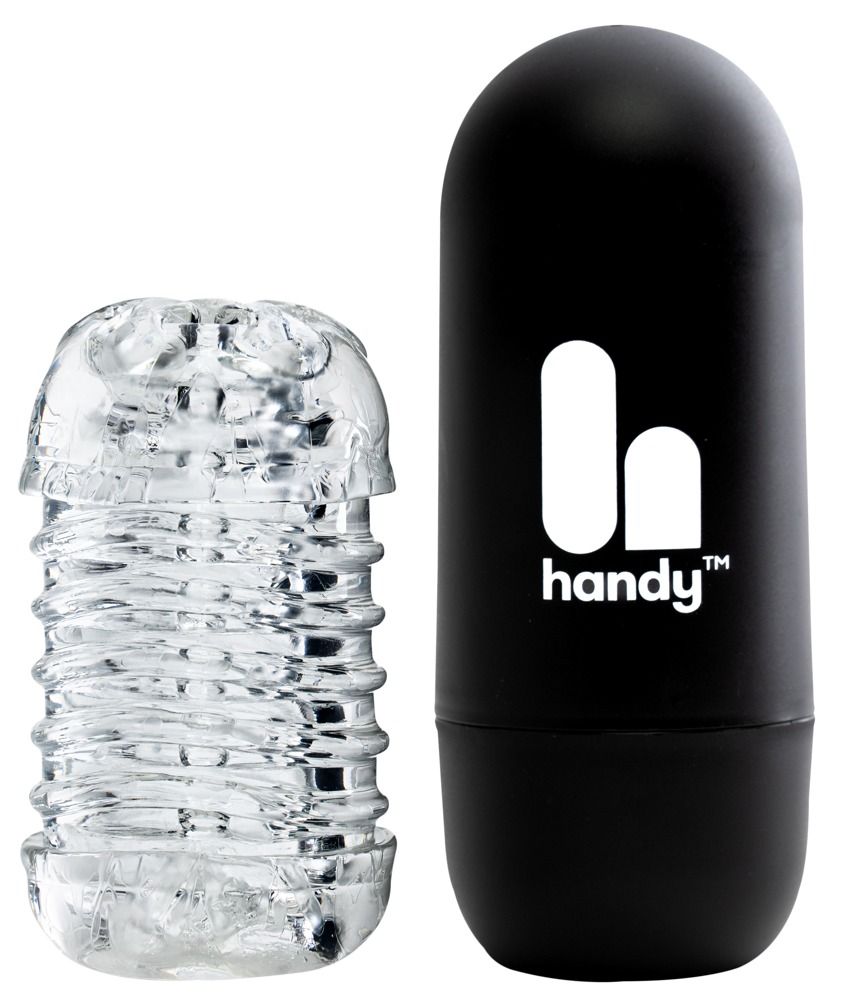 Transparentes Produkt neben schwarzer Hülle mit weißem "handy" Logo. Das Produkt hat eine geriffelte Oberfläche.