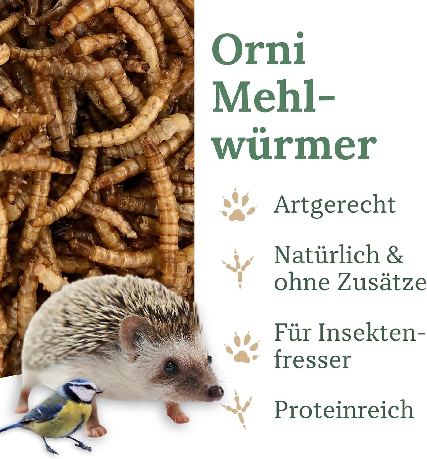 Orni Mehlwürmer getrocknet | Premium Insektenfutter für Wildvögel, Igel & Eichhörnchen
