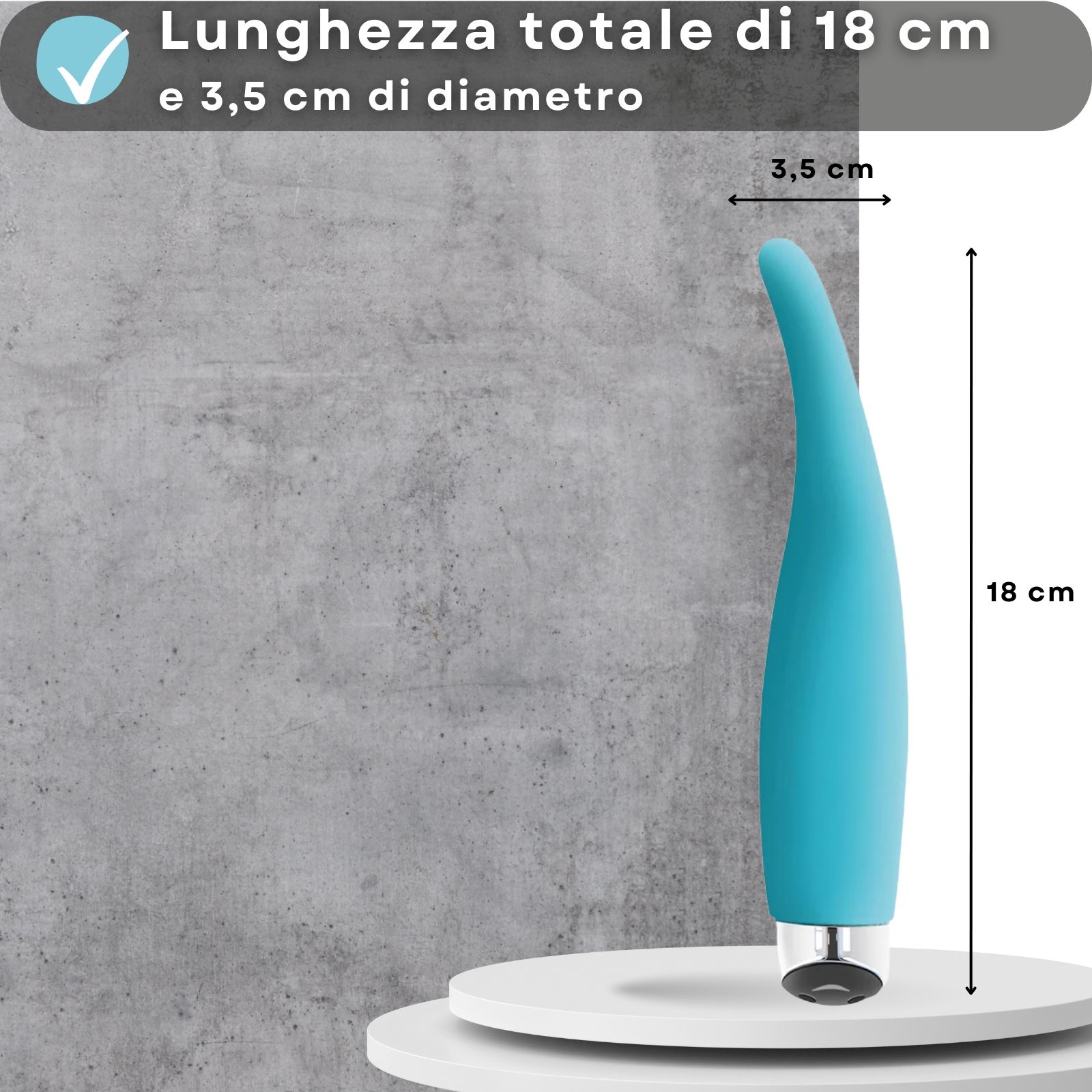 Vibratore blu. Testo: 18cm di lunghezza, 3,5cm di diametro. Dimensioni indicate.