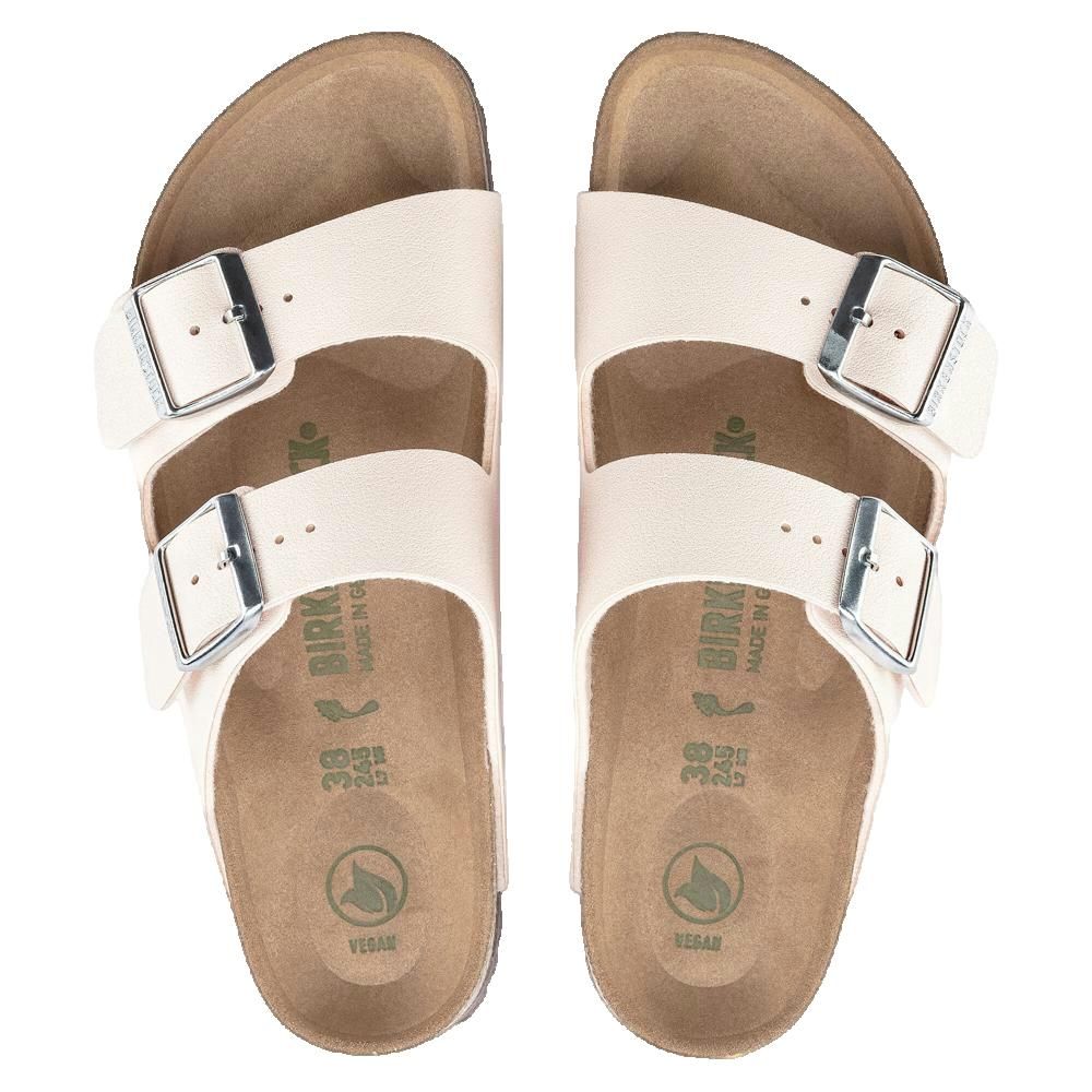 Sandali Birkenstock Arizona bianchi, due cinturini con fibbie. Plantare in sughero, vista dall'alto.