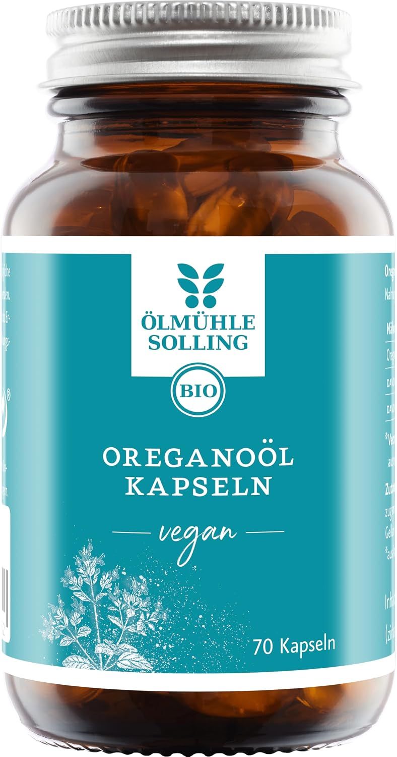Flasche mit Ölmühle Solling Bio Oreganoöl Kapseln, 70 Kapseln.