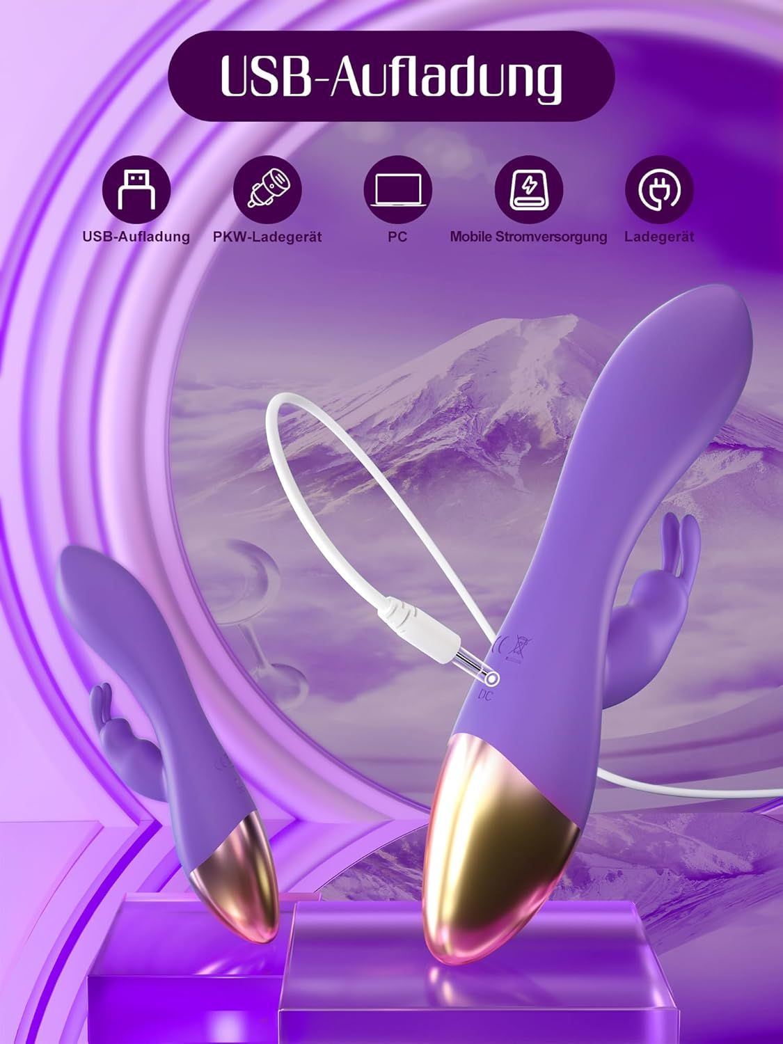 Lila Vibrator mit USB-Ladekabel und goldenem Akzent.