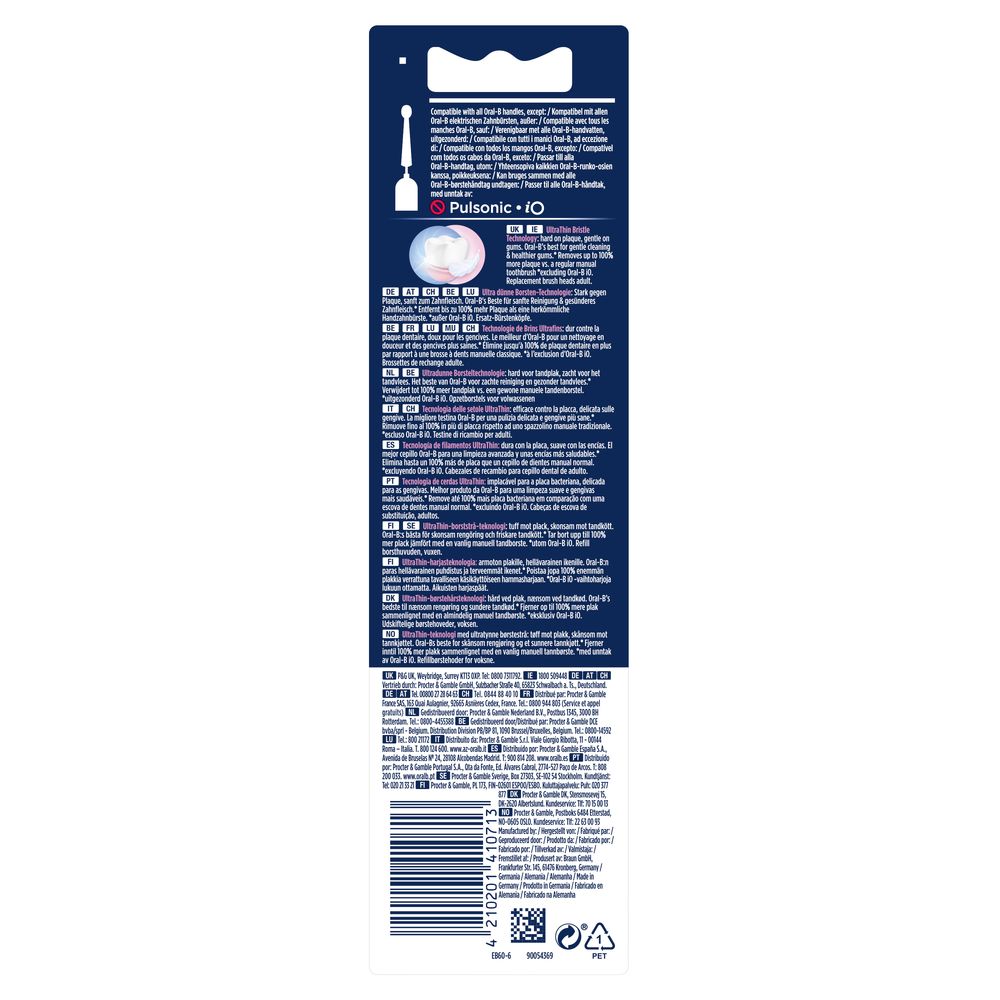Rückseite der Verpackung mit Text in mehreren Sprachen. Enthält Informationen zu den Aufsteckbürsten und der Marke Oral-B.
