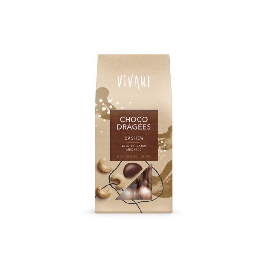Verpackung von Vivani Choco Dragées Cashew Bio. Sichtfenster zeigt Dragées. Marke und Produktbezeichnung deutlich sichtbar.