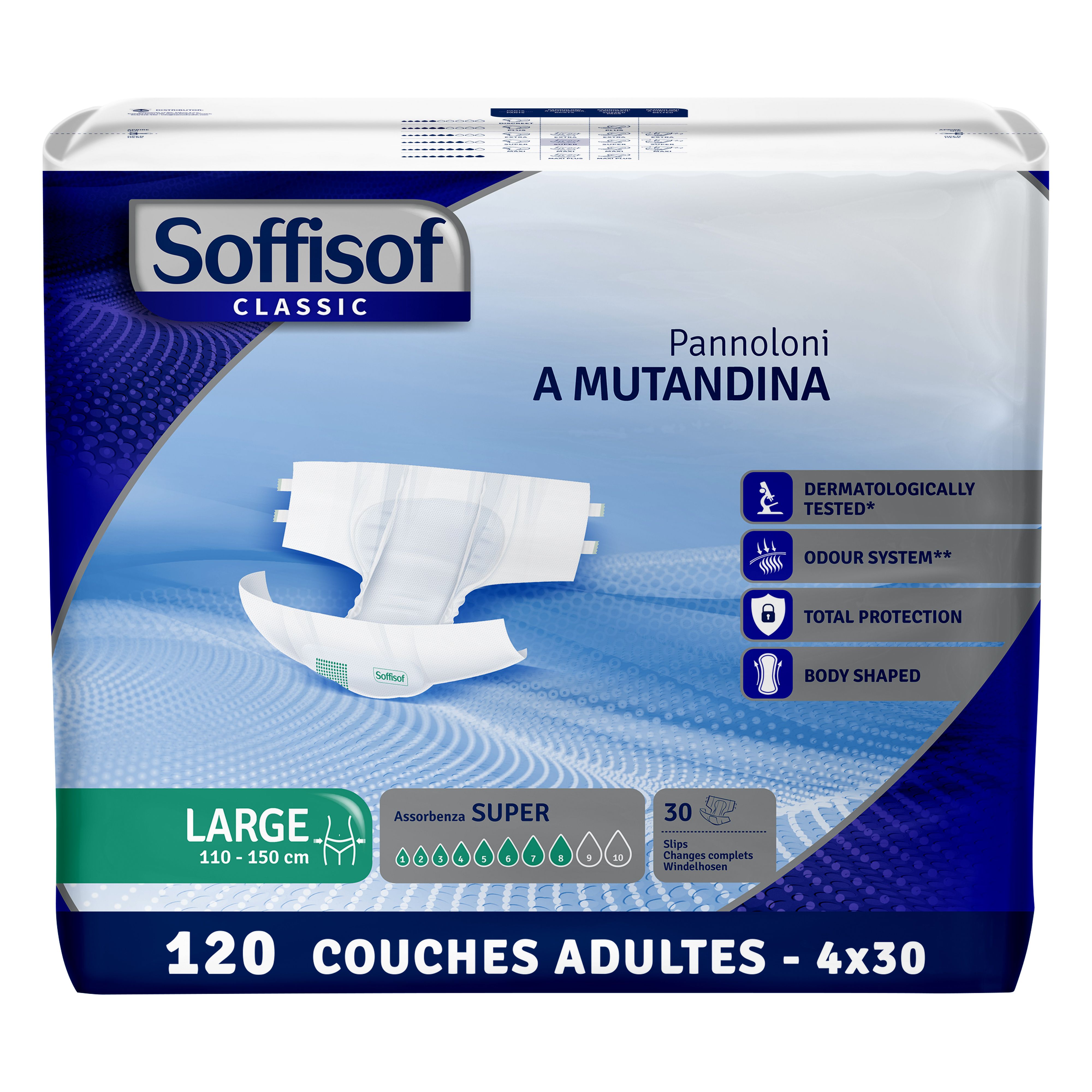 Couche adulte Soffisof Classic. Noyau super absorbant. Testé dermatologiquement. Système anti-odeurs. Indicateur de changement.