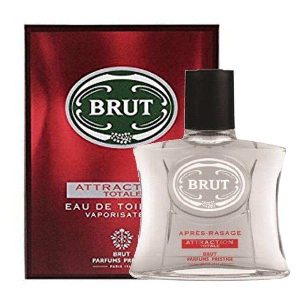 Brut Attraction Totale Flakon und Verpackung. Rote Schachtel mit Logo und Produktnamen.