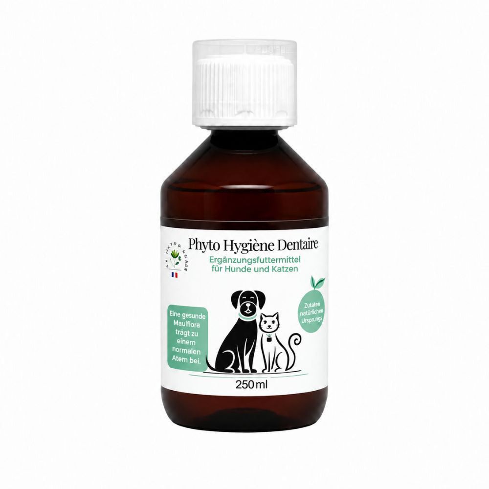 Braune Glasflasche mit weißem Verschluss, Etikett mit Hund- und Katzensilhouette, 250ml.